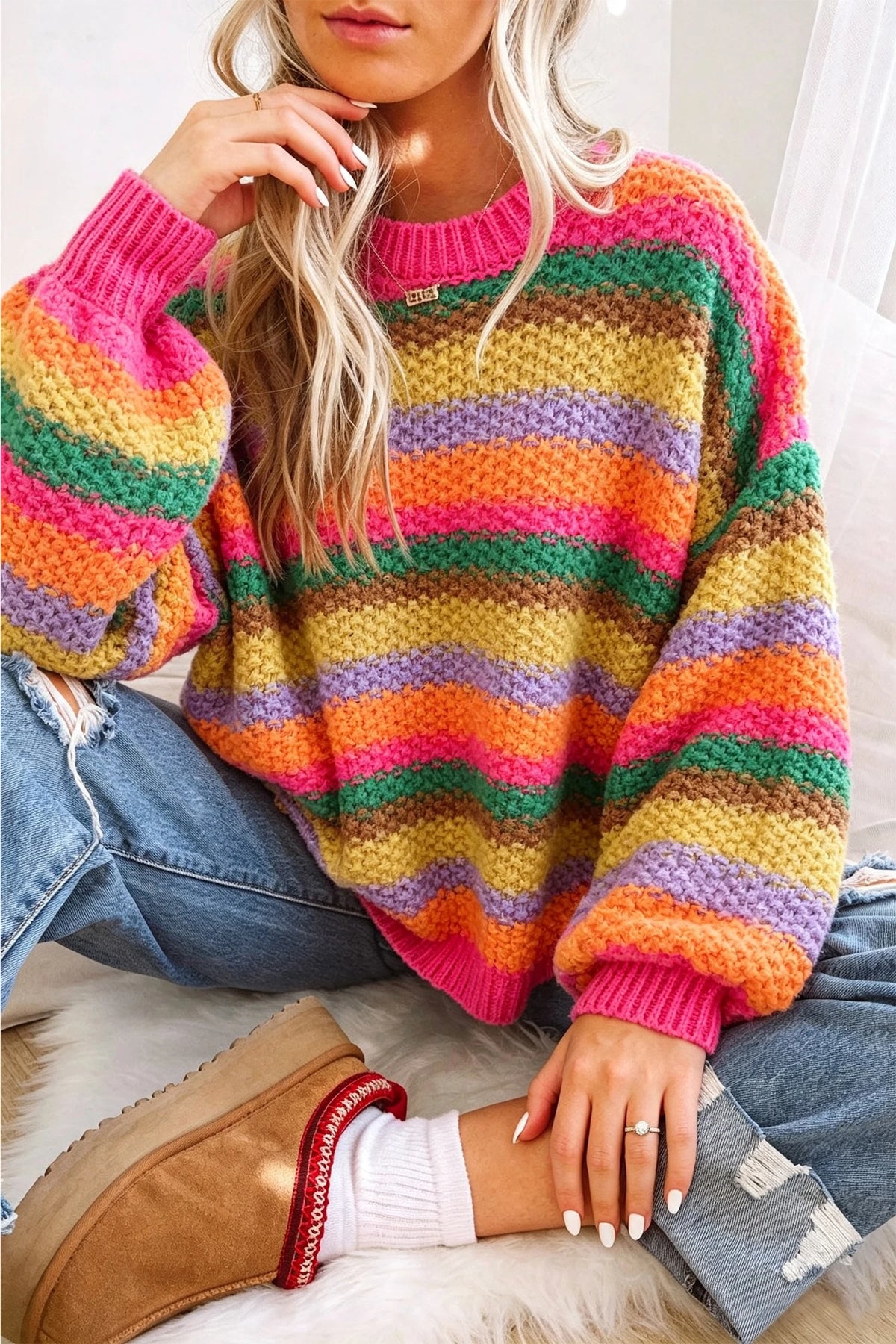 Rose Red Rainbow Striped Knit Round Neck Puff Sleeve Sweater