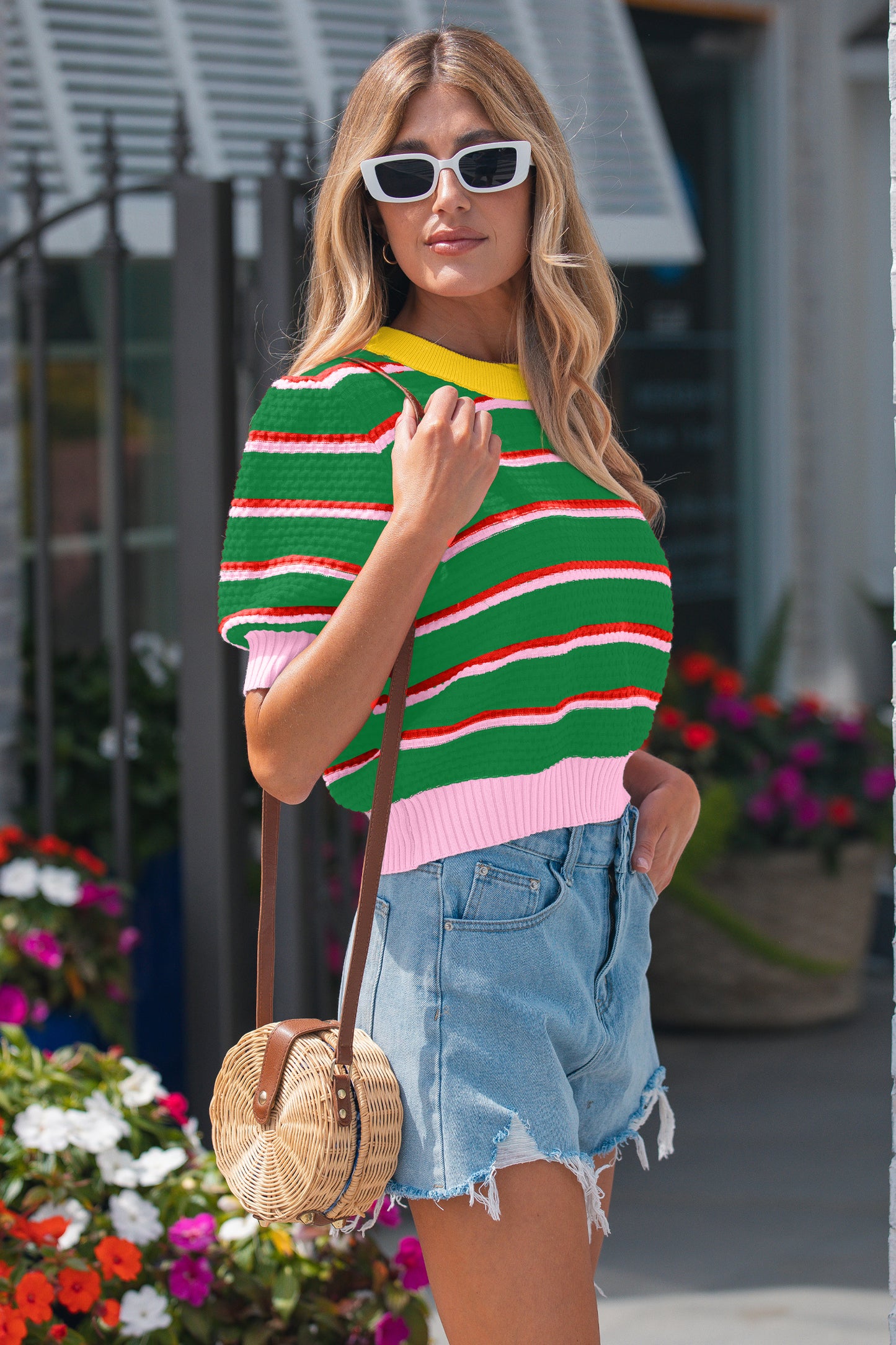 Red Stripe Colorblock Trim Half Sleeve Sweater Top