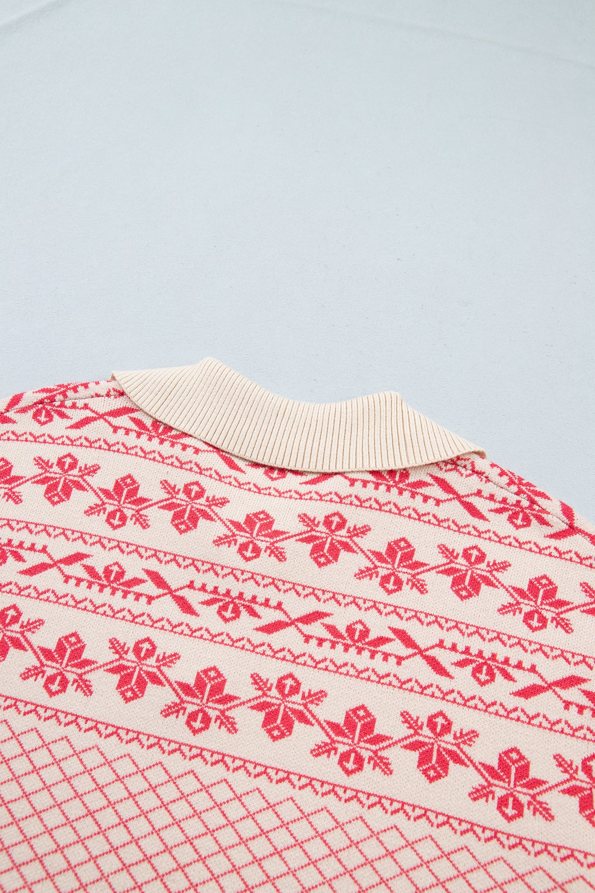 Sachet Pink Cozy Abstract Print Button Stand Neck Casual Sweater