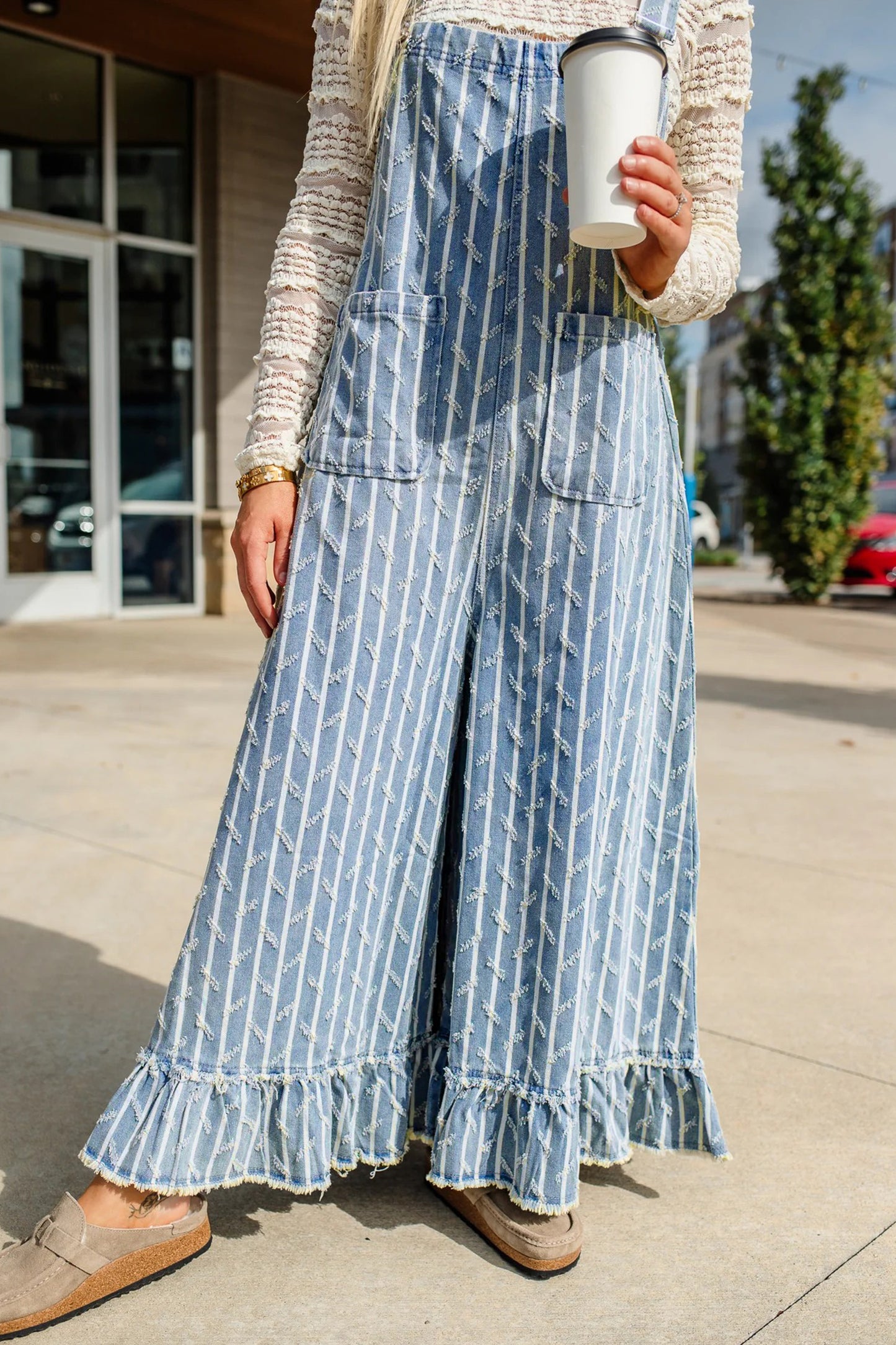 Striped Denim Jumpsuit Cotton Shift High Waist Ruffle