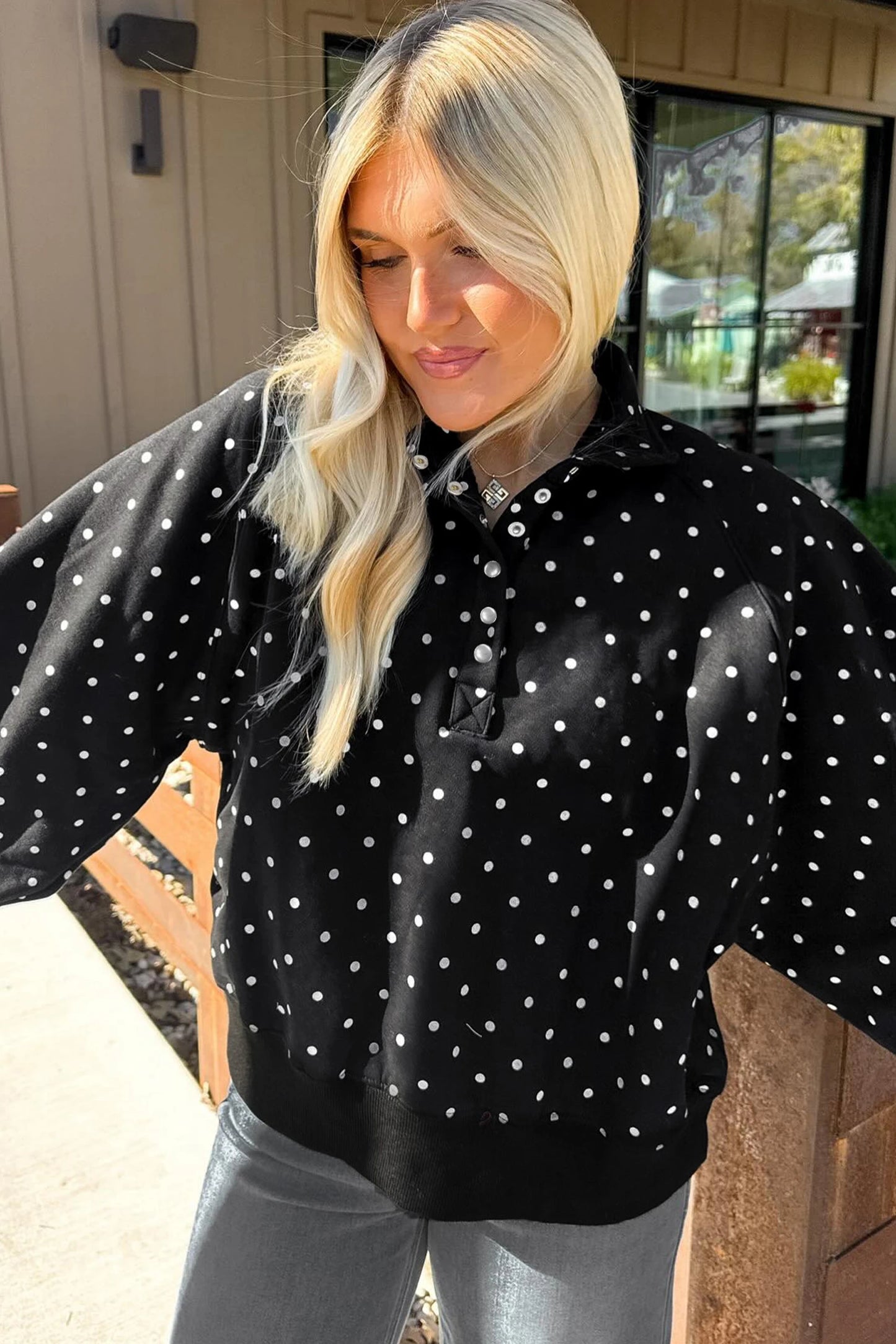 Polka Dot Print Metal Button Collar Casual Pullover Sweatshirt