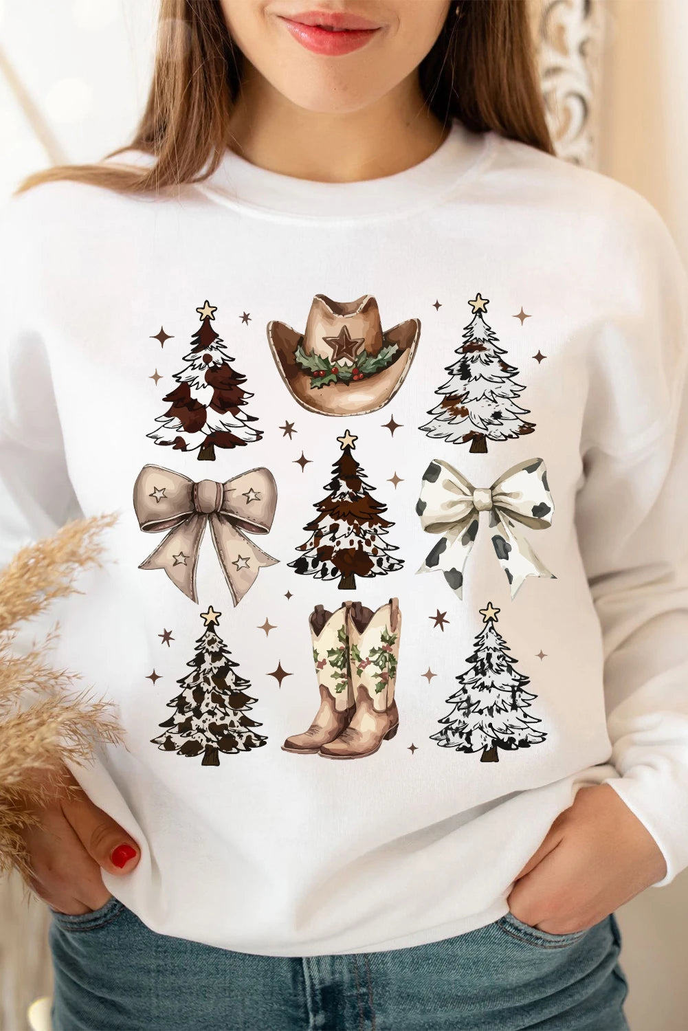White Cowgirl Bow Christmas Tree Print Drop Shoulder Sweatshirt