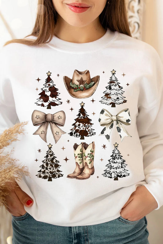 White Cowgirl Bow Christmas Tree Print Drop Shoulder Sweatshirt