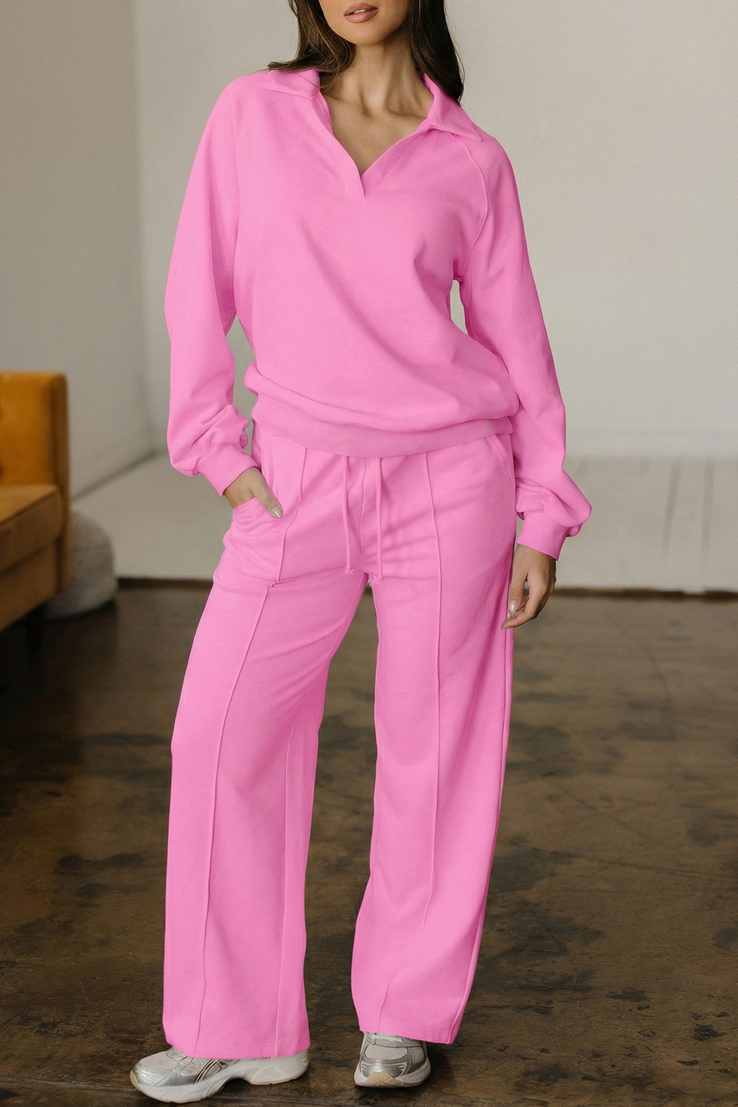 Dark Khaki Polo Collar V Neck Pullover and Drawstring Sweatpants Set