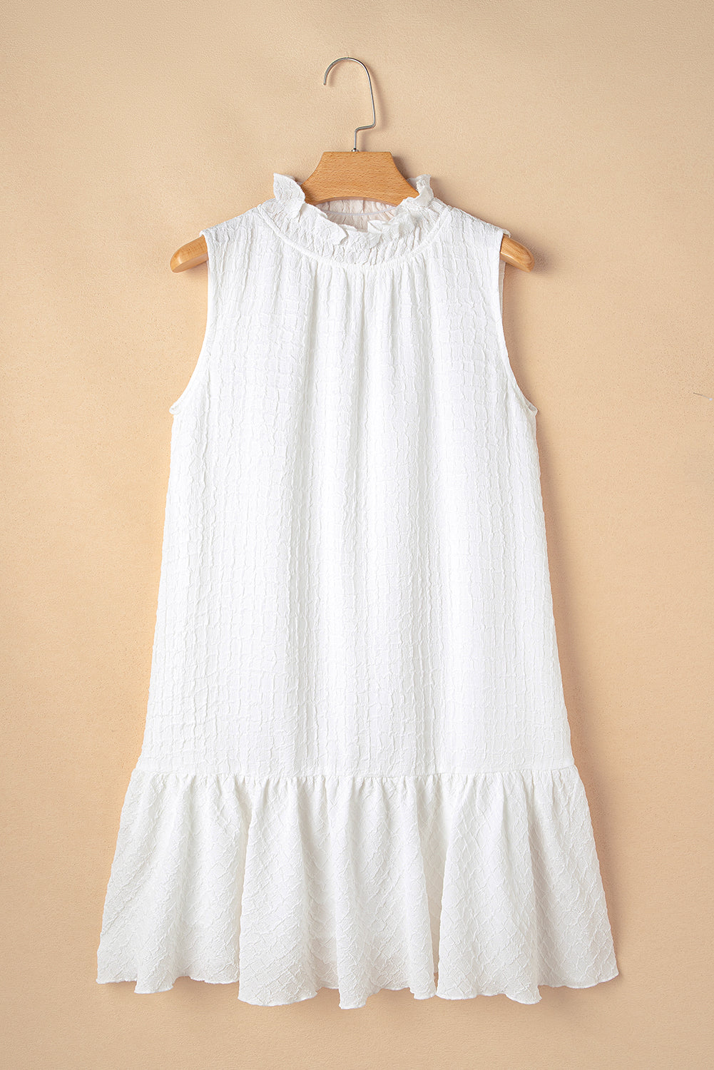 White Textured Frilled High Neck Sleeveless Ruffled Mini Dress