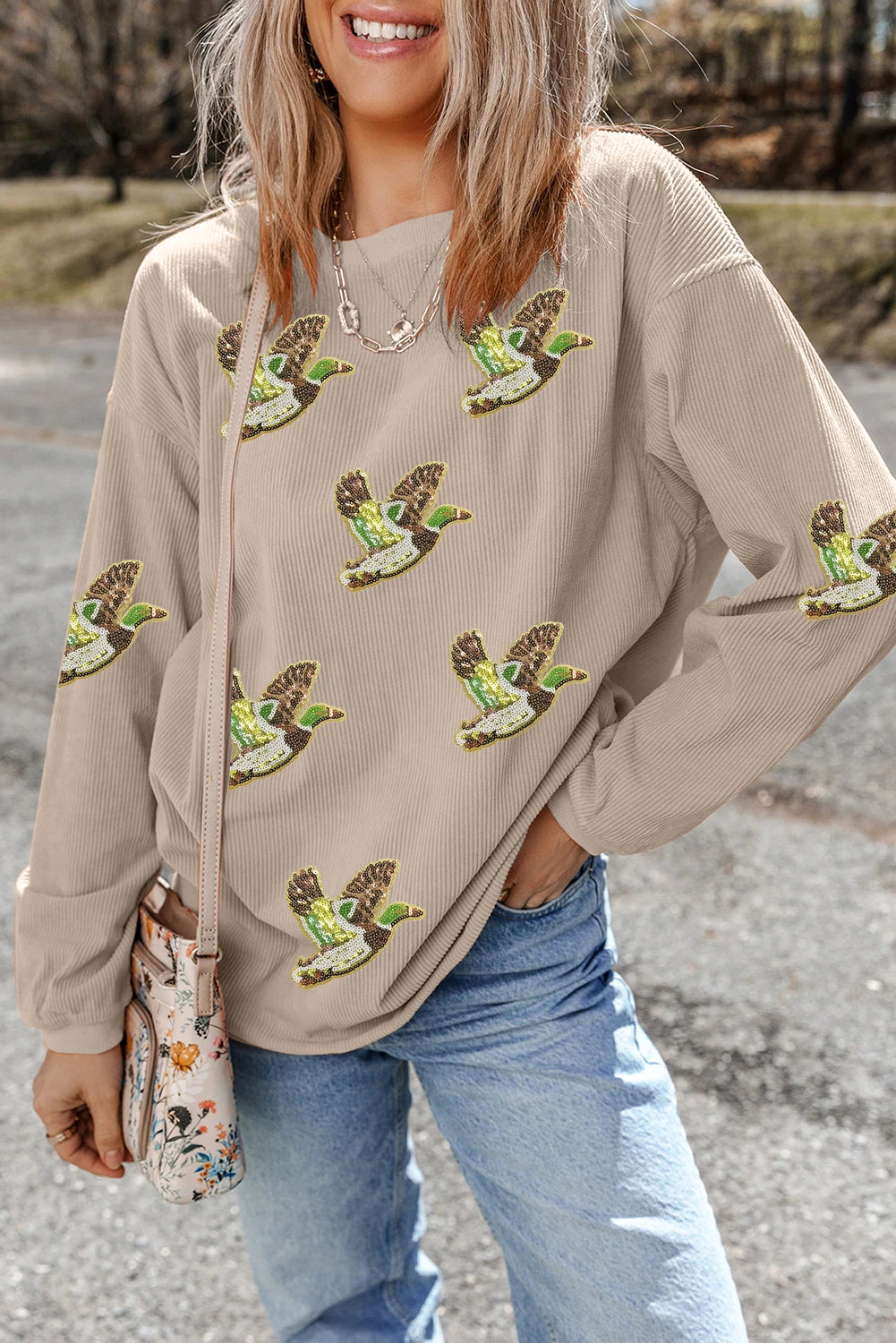 Sequined Bird Pattern Corded Thanksgiving Sweatshirt