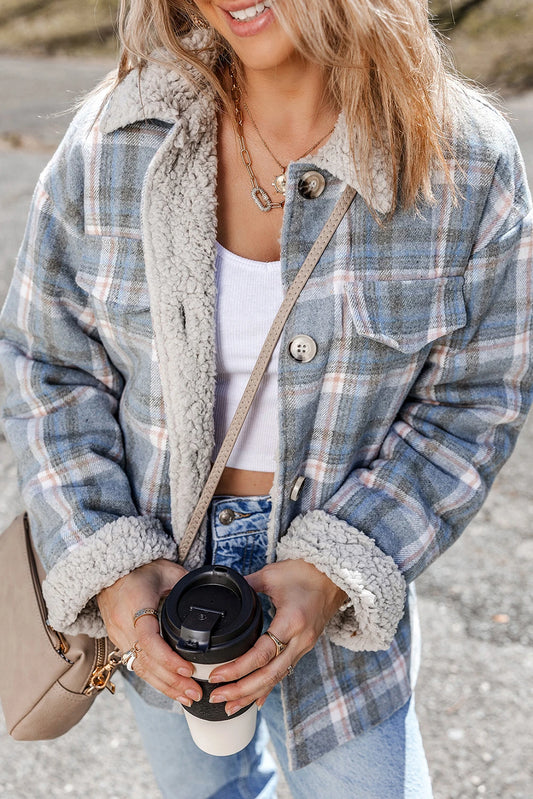 Sky Blue Stripe Sherpa Collar Cuffs Patchwork Plaid Shirt Jacket with Chest Pocket