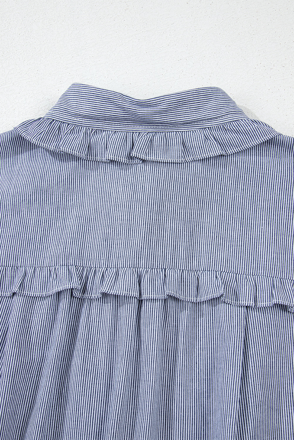 Blue Stripe Frilled Sleeveless Collar Front Pocket Button Up Mini Dress