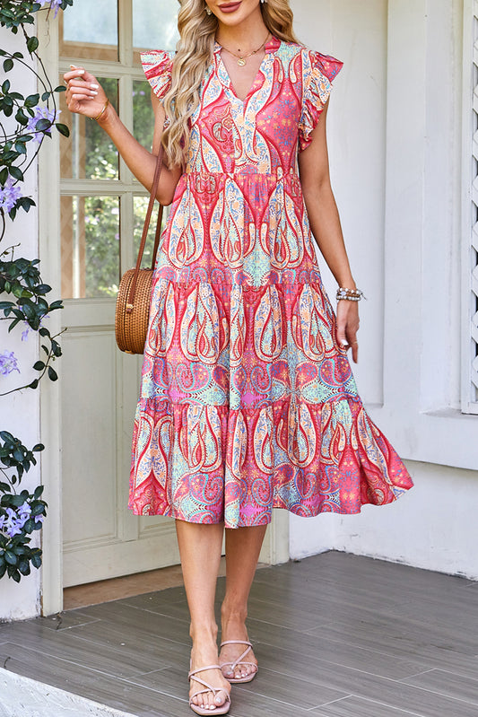 Rose Tribal Paisley Print Ruffled Sleeve Notch Neck Midi Dress