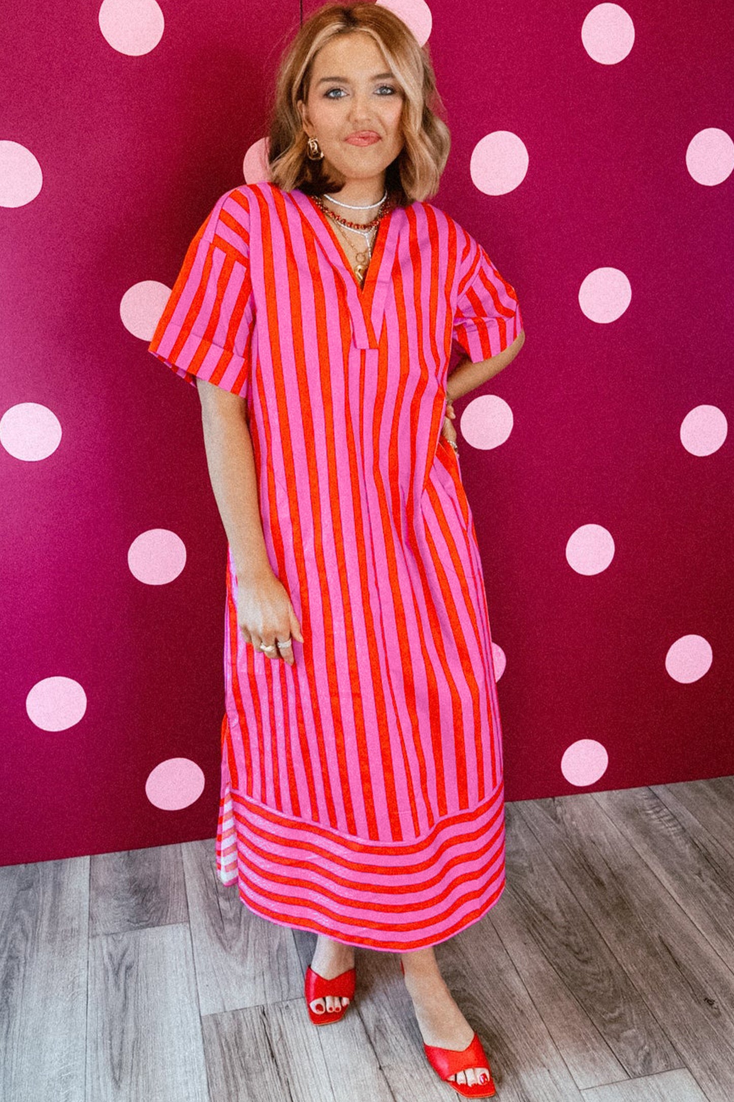 Striped Viscose Midi Dress Oversized Casual Vacation