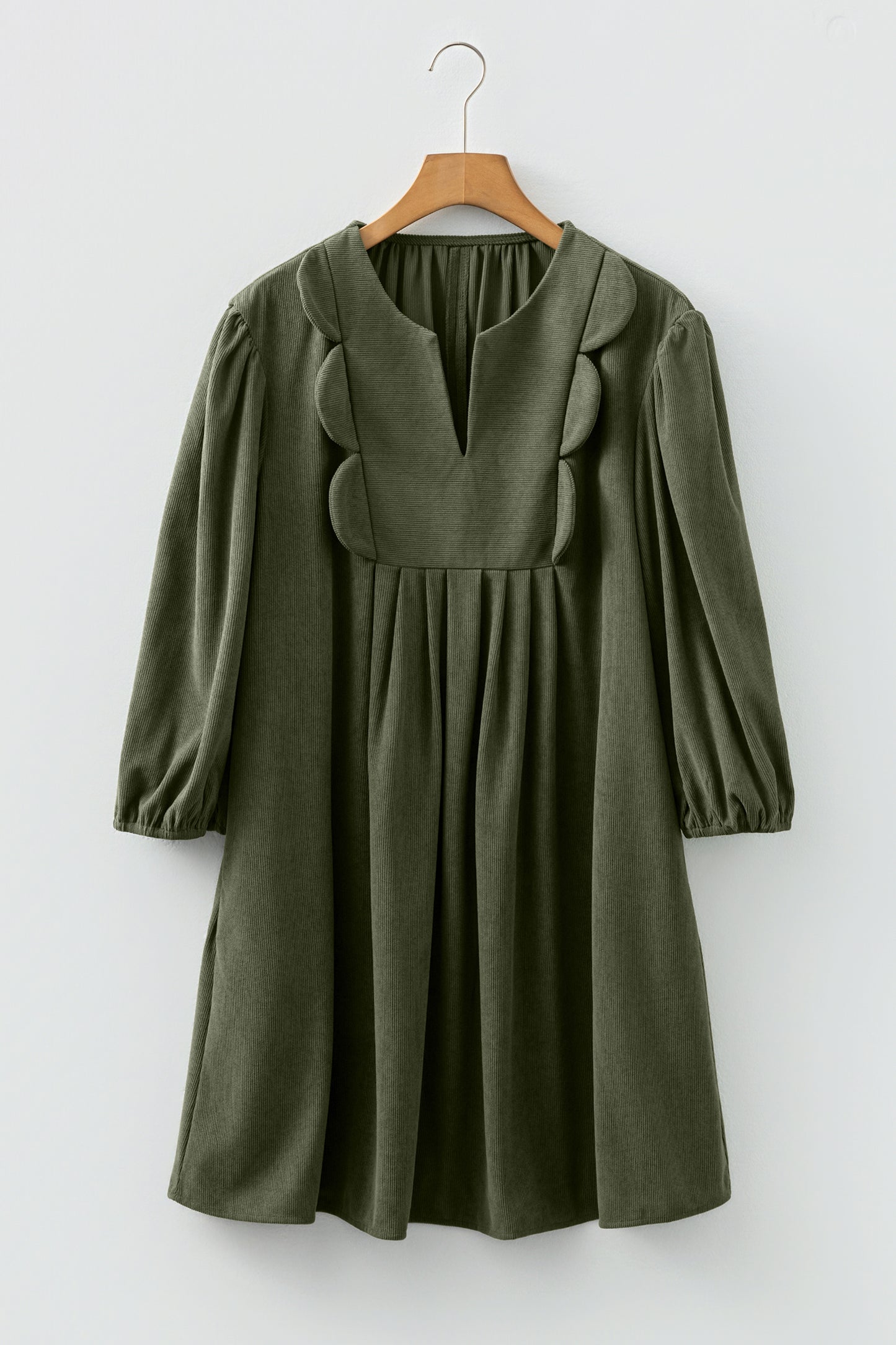 Cinnamon Bracelet Sleeve Split Neck Scallop Detail Pleated Corduroy Mini Dress
