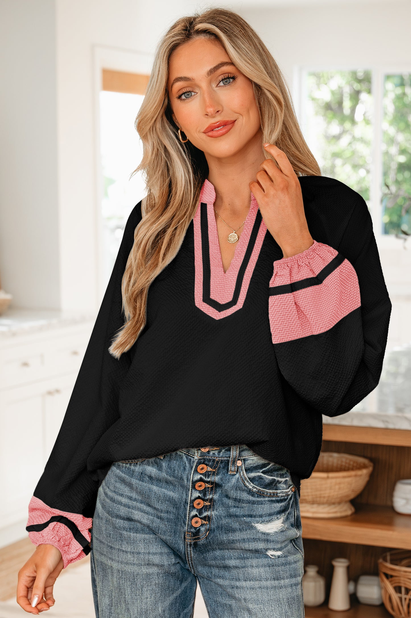 Jet Stream Color Block Patchwork Detail V Neck Textured Long Sleeve Blouse