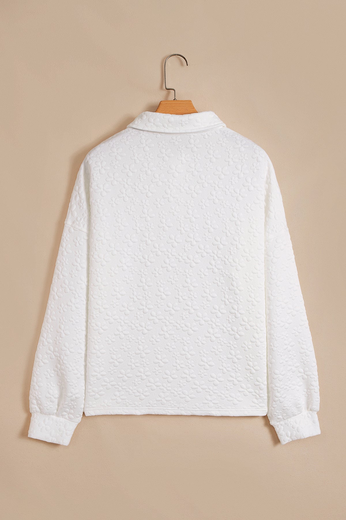 White Solid Color Textured Relaxed Button Collar Pullover Sweatshirt