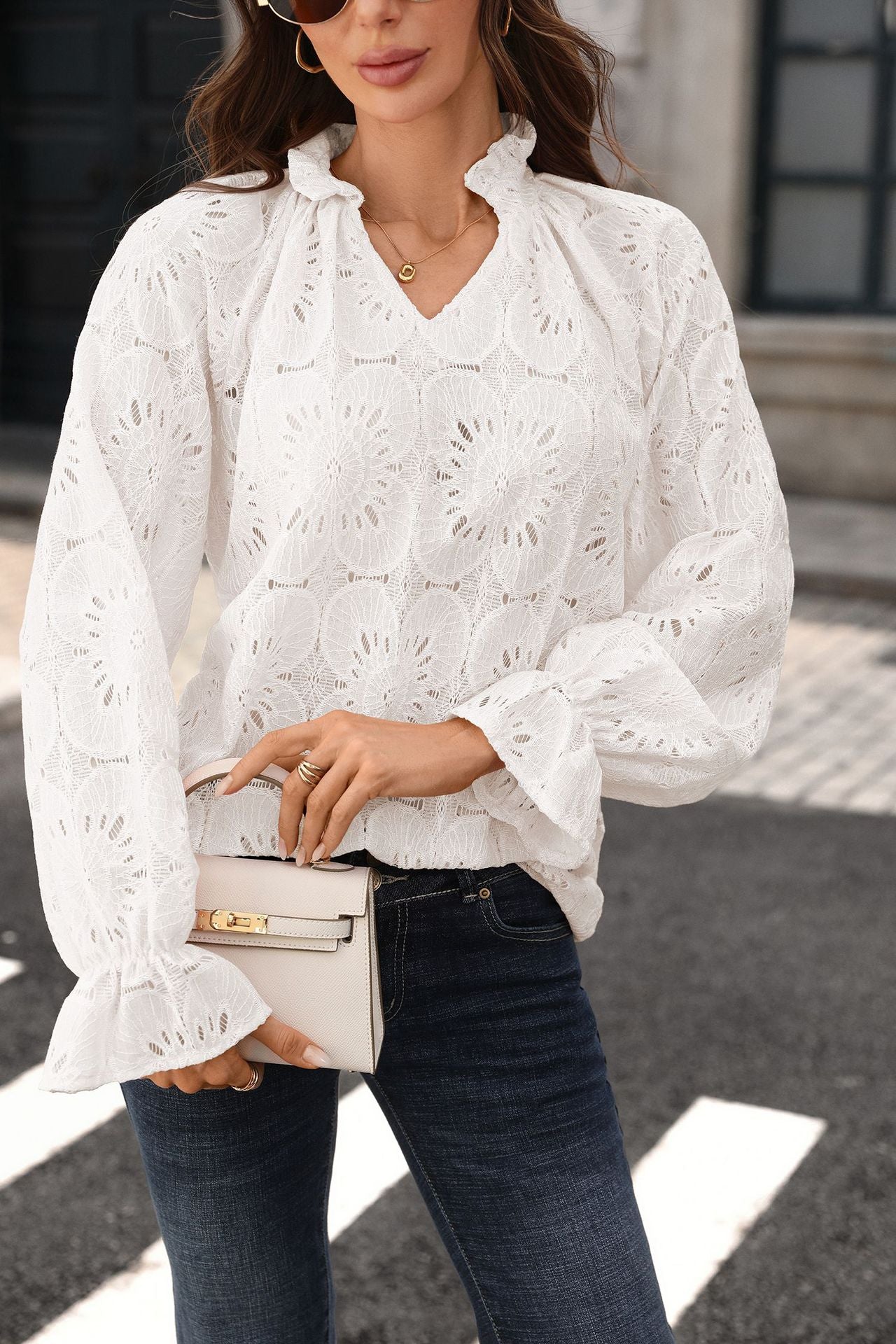 Eyelet Lace V Neck Top Long Sleeve Loose Casual Blouse