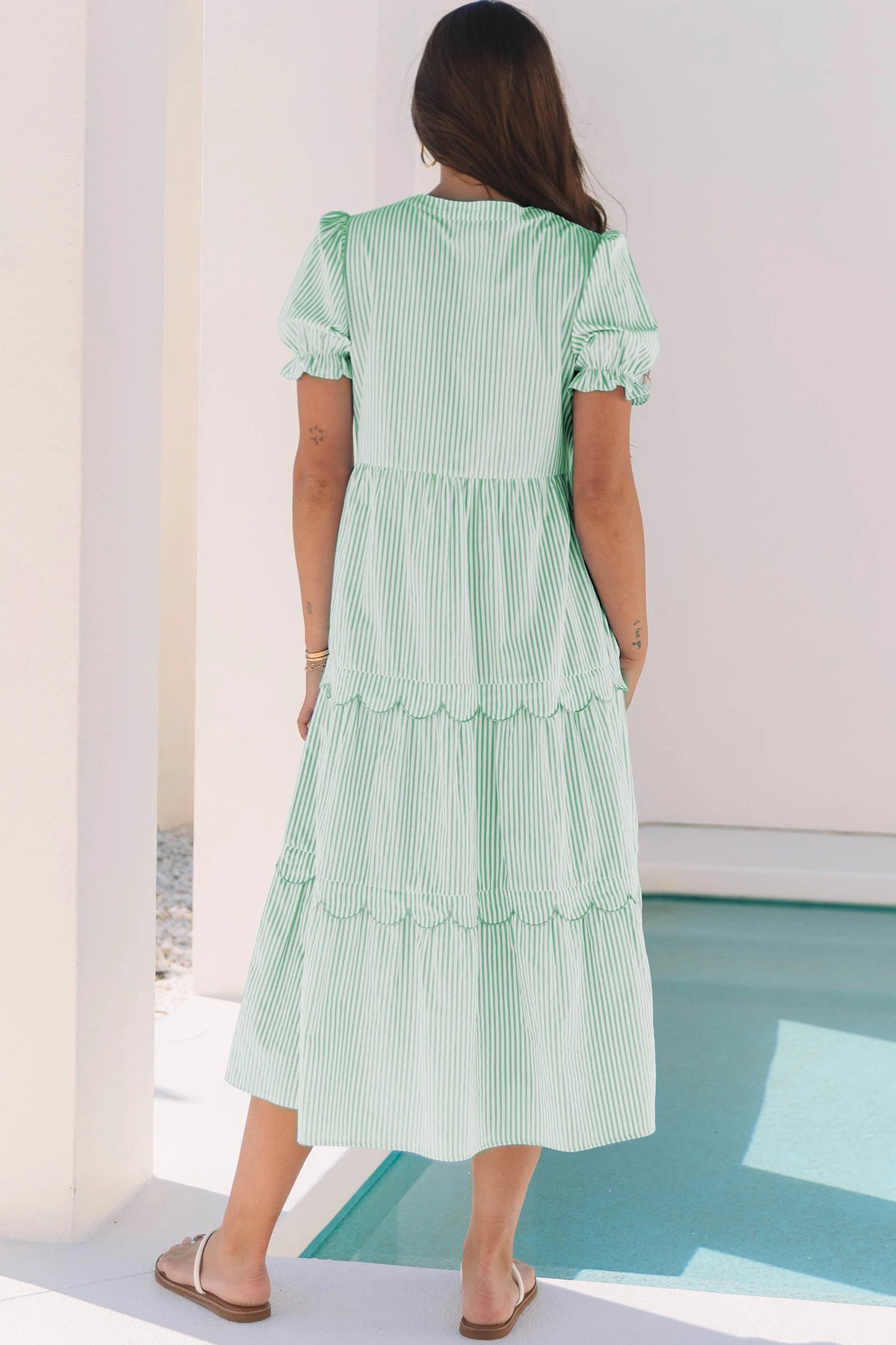 Sky Blue Stripe Bubble Short Sleeve Tiered Scallop Long Dress