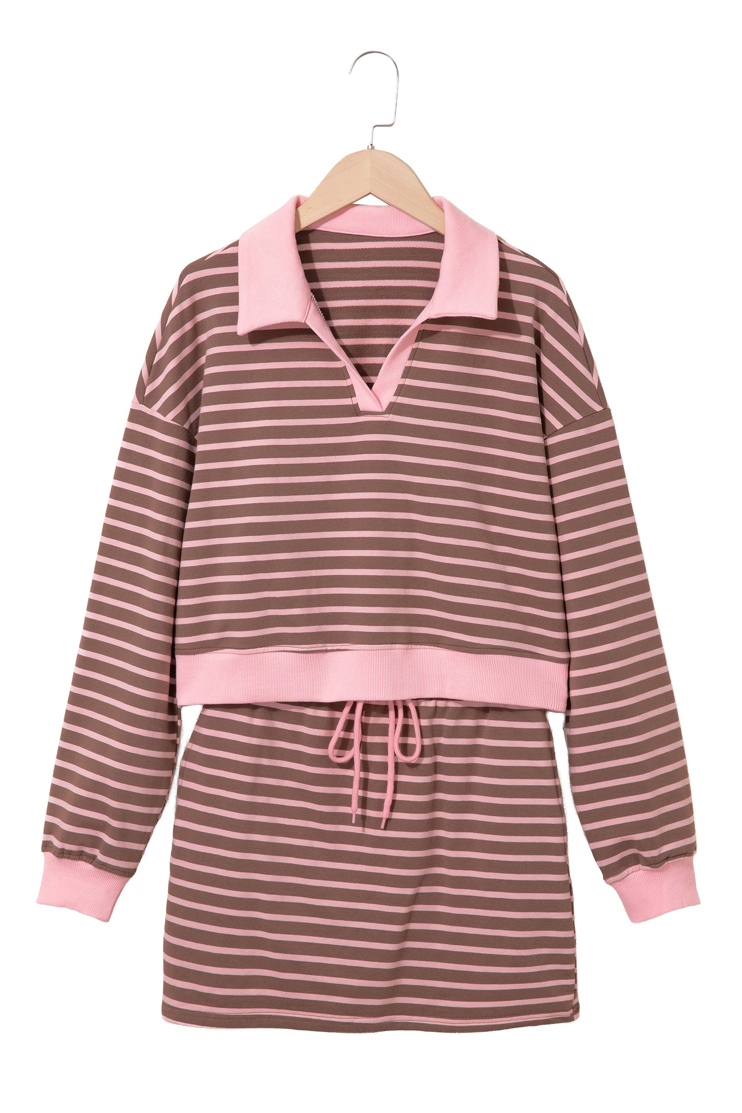 Brown Stripe Striped Drawstring Waist Long Sleeve Top Mini Skort Set