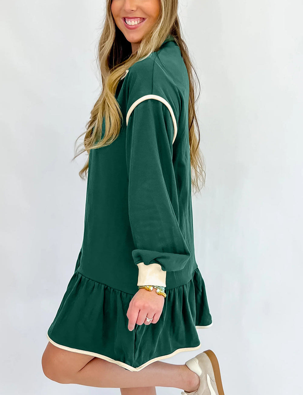 Evergreen Contrast Trim Zip Collar Long Sleeve Ruffle Hem Mini Dress