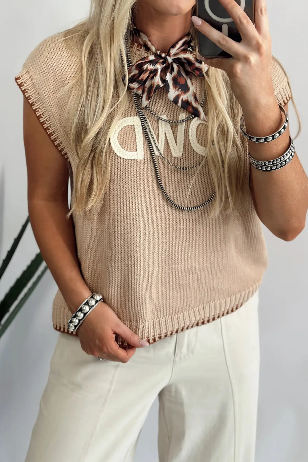 Parchment Contrast Trim Short Sleeve Knit HOWDY Western Sweater