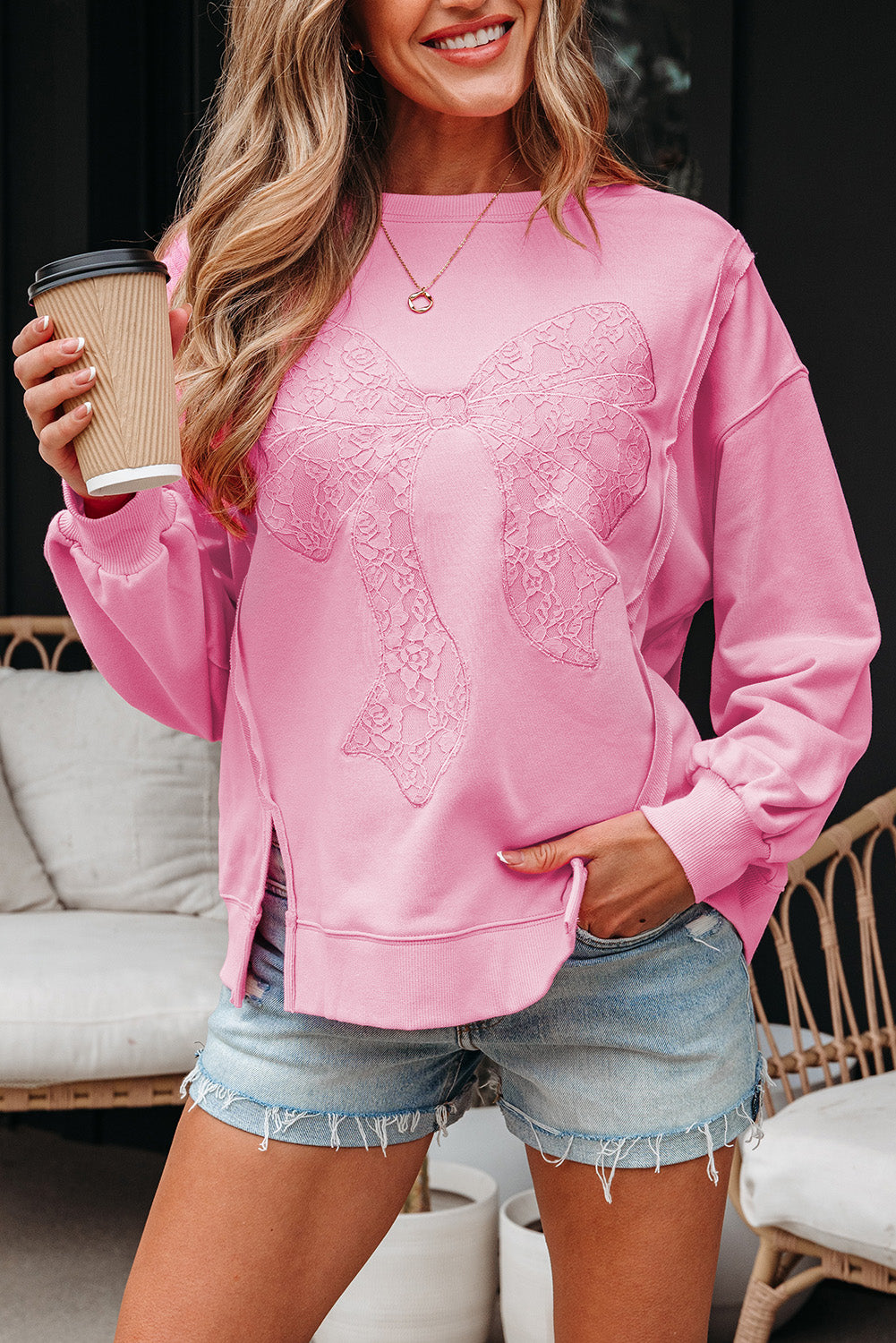Bonbon Lace Insert Bow Embroidered Exposed Seam Sweatshirt