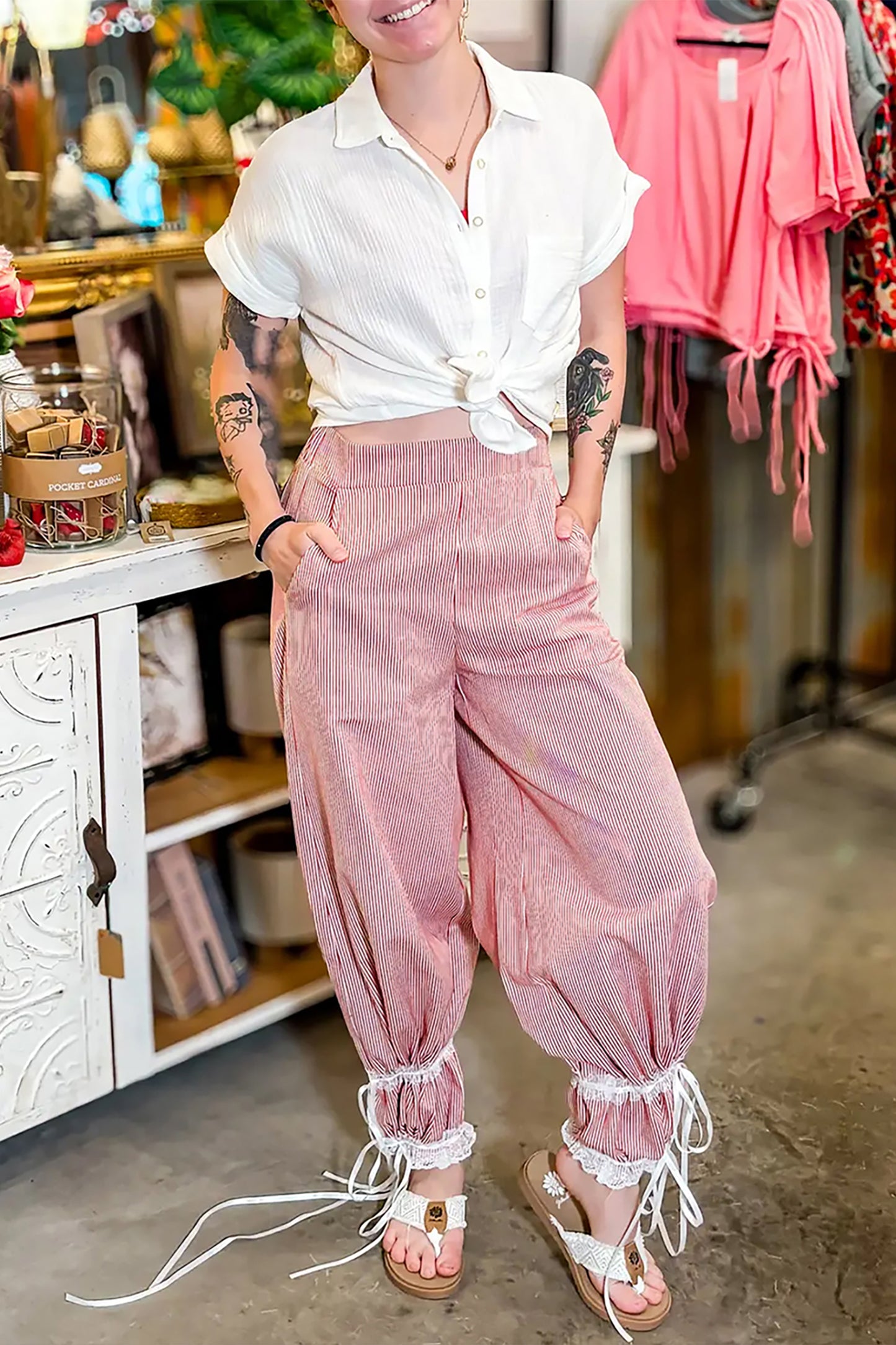 Striped Polyester Cotton Pants Wide-Leg Casual Boho Daily