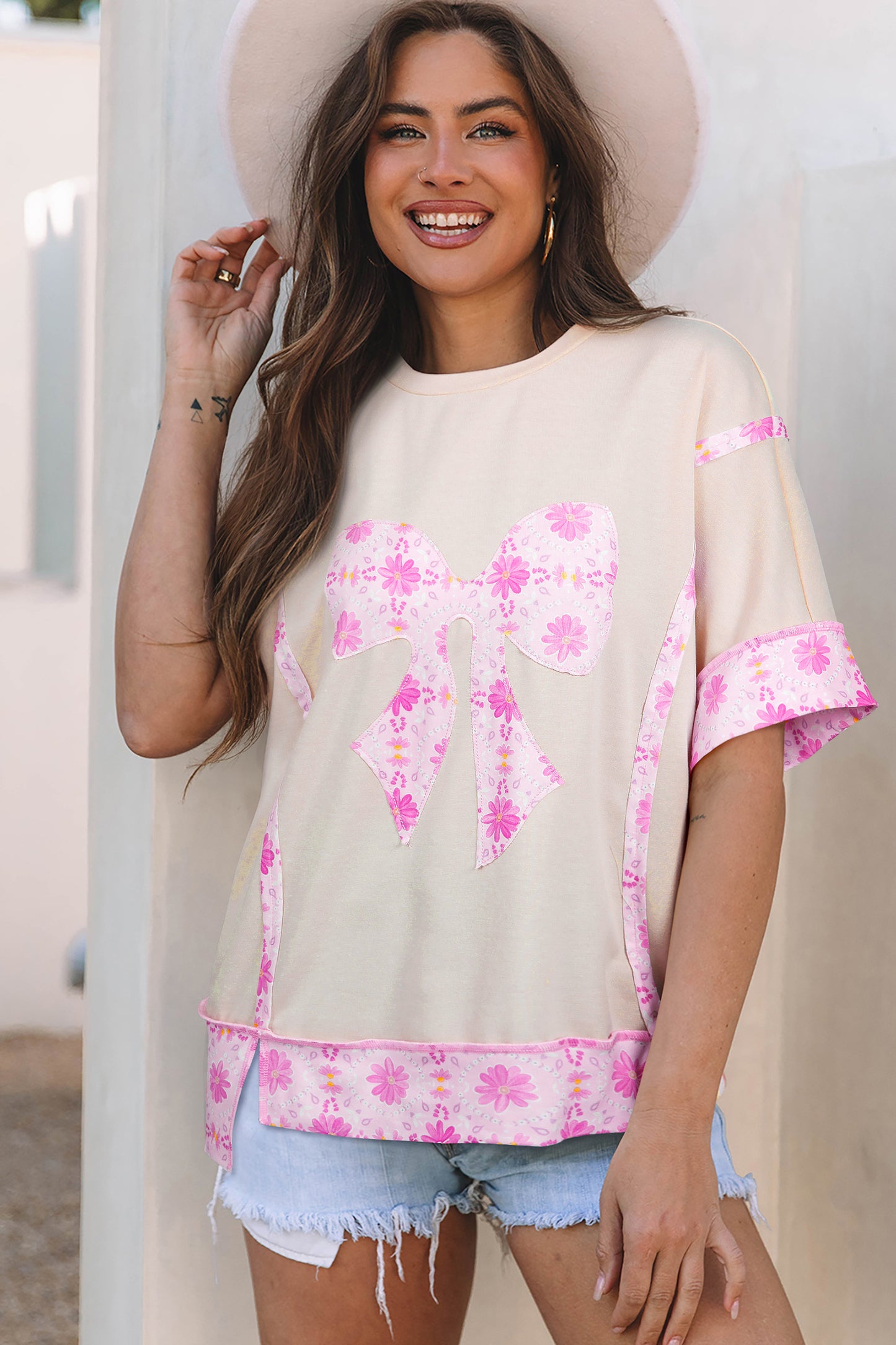 Floral Bow Patchwork Tee Oversized Boutique Casual Top