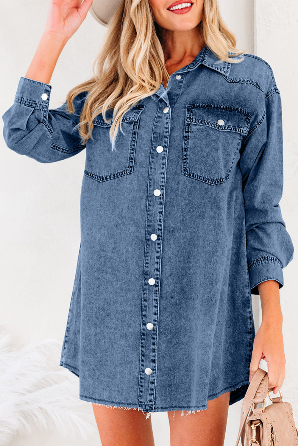 Beau Blue Chest Pocket Raw Hem Denim Loose Shirt Dress