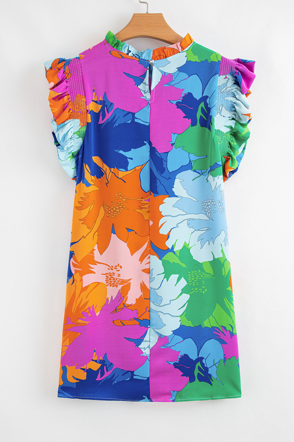 Blue Bold Floral Flutter Sleeve Shift Mini Dress with Pockets