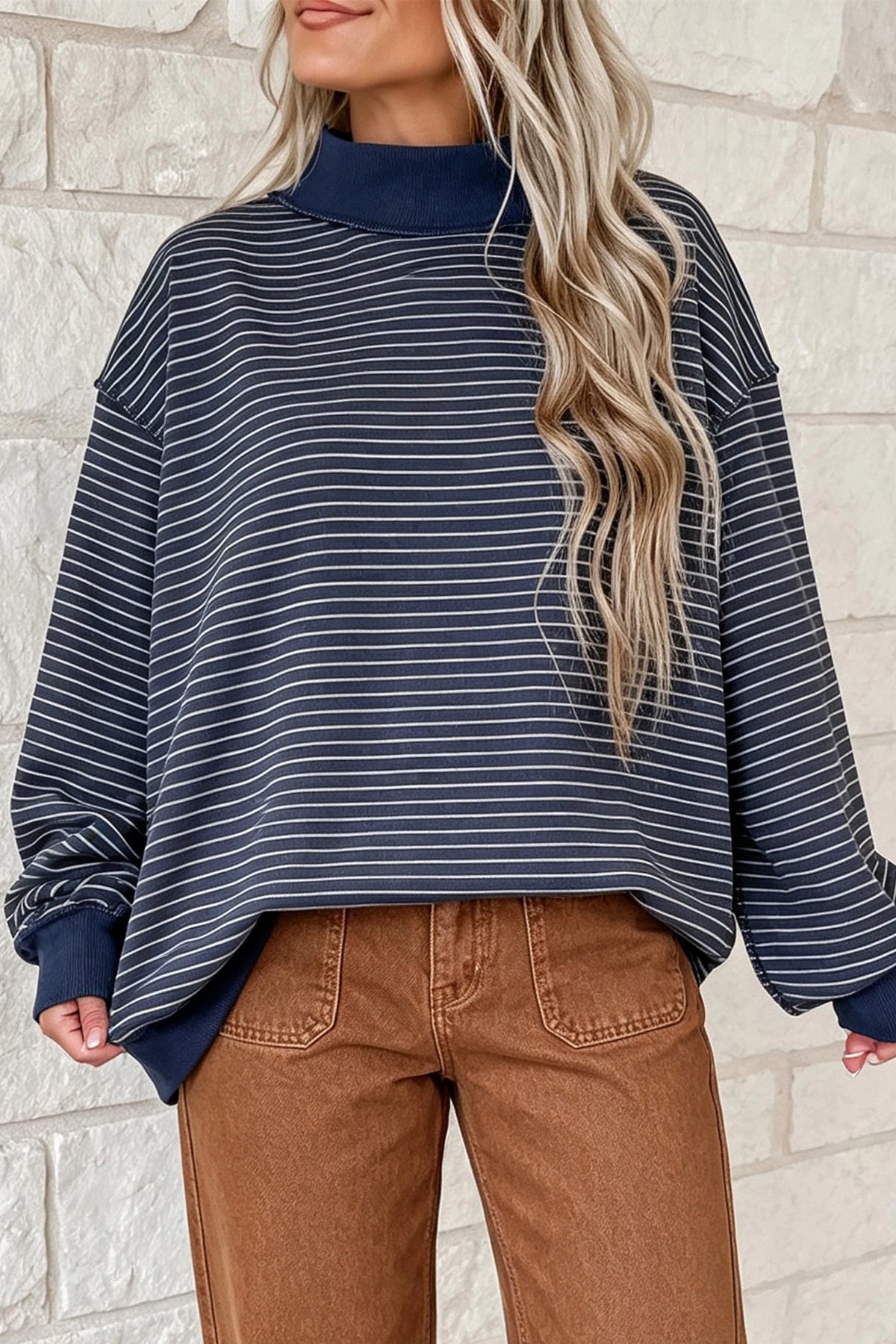 Green Stripe Ribbed Color Block Mock Neck Oversized Sweatshirt