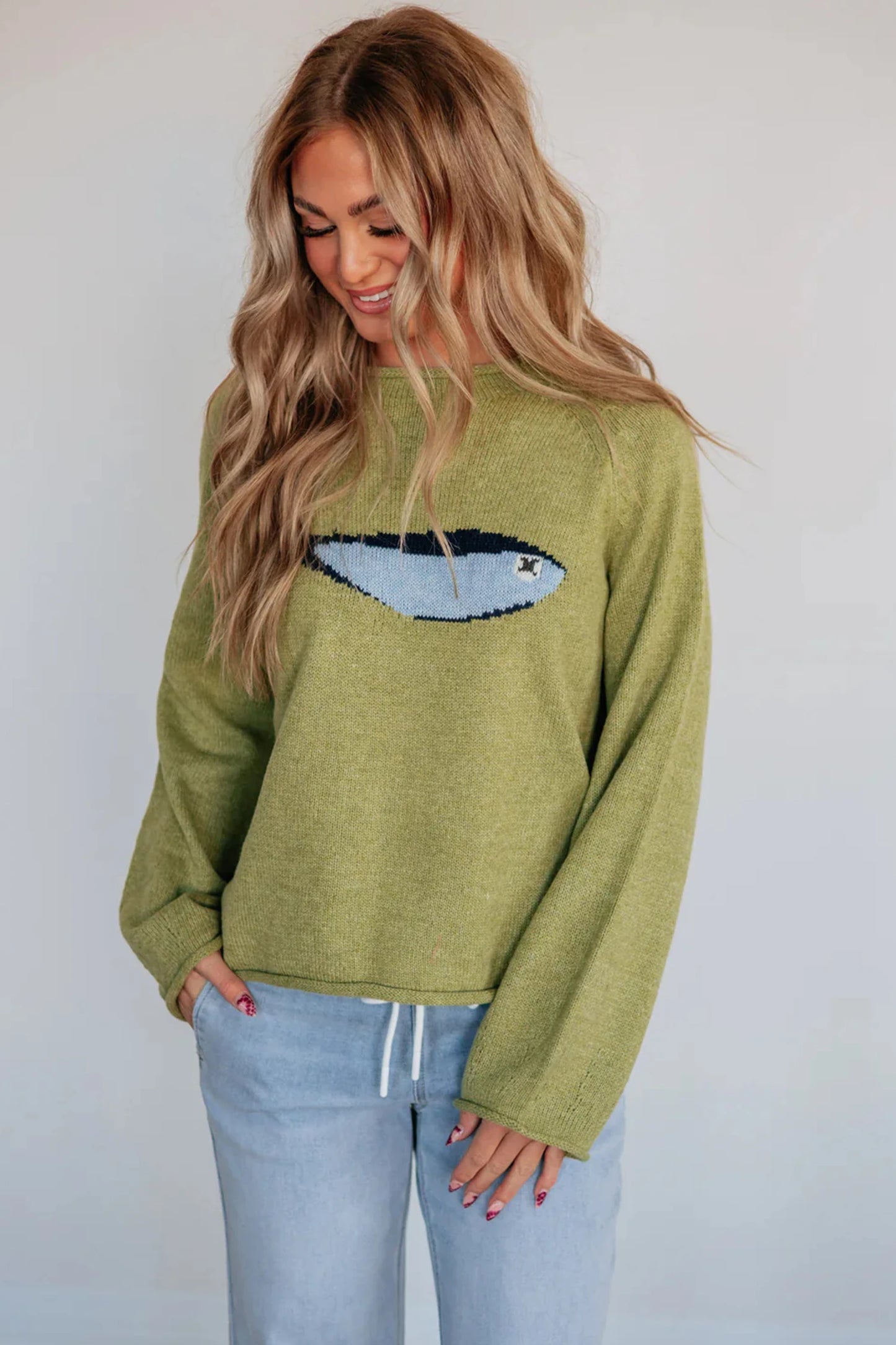 Meadow Mist Green Unique Fish Knit Oversized Round Neck Sweater