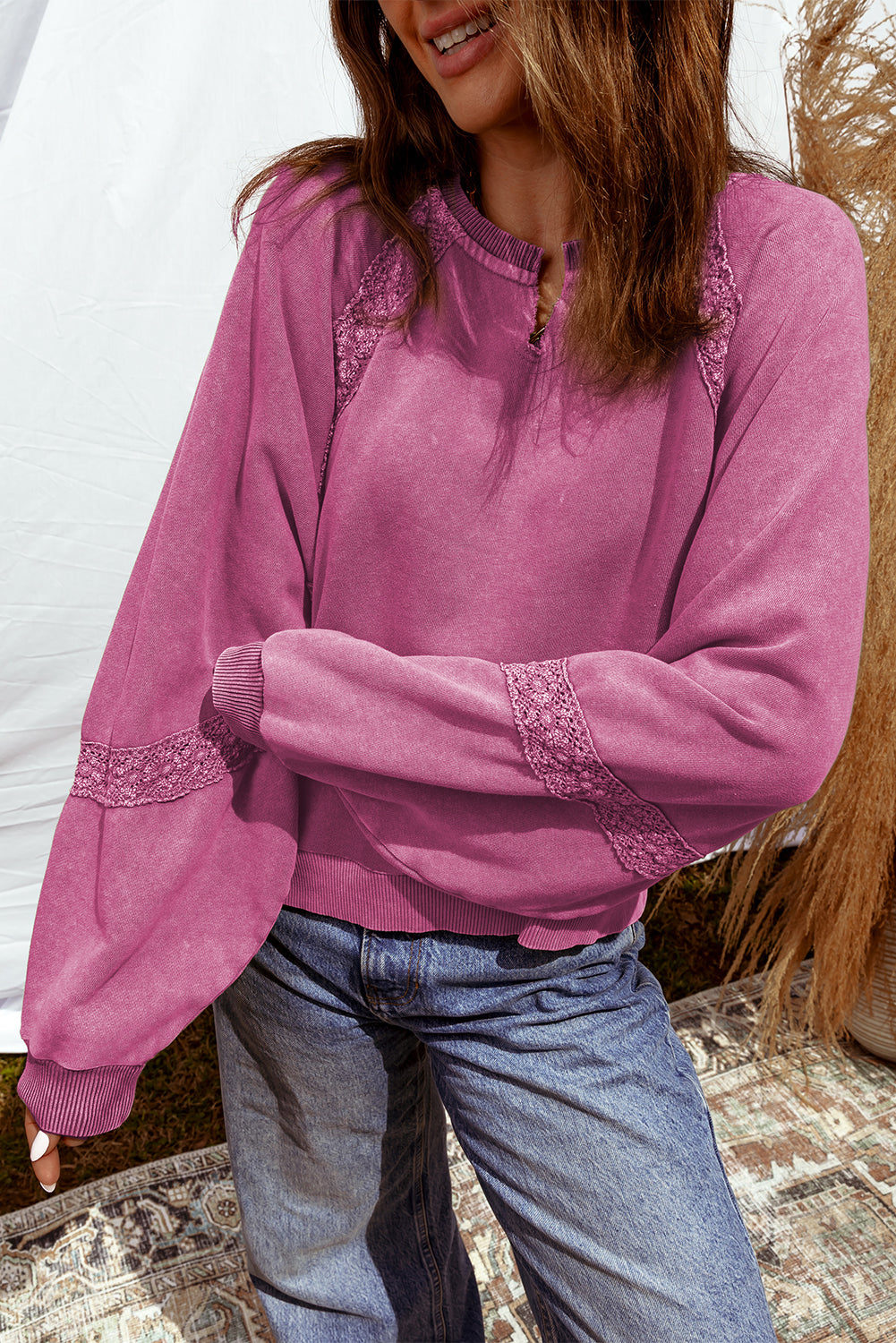 Lace Patchwork Detail Notched Neck Mineral Wash Baggy Sweatshirt