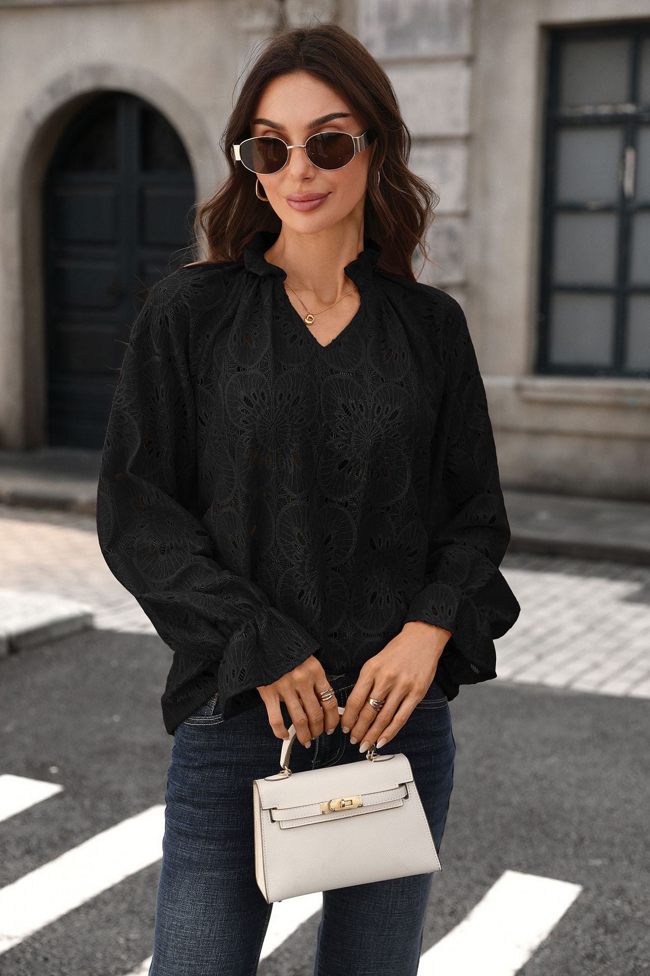 Eyelet Lace V Neck Top Long Sleeve Loose Casual Blouse