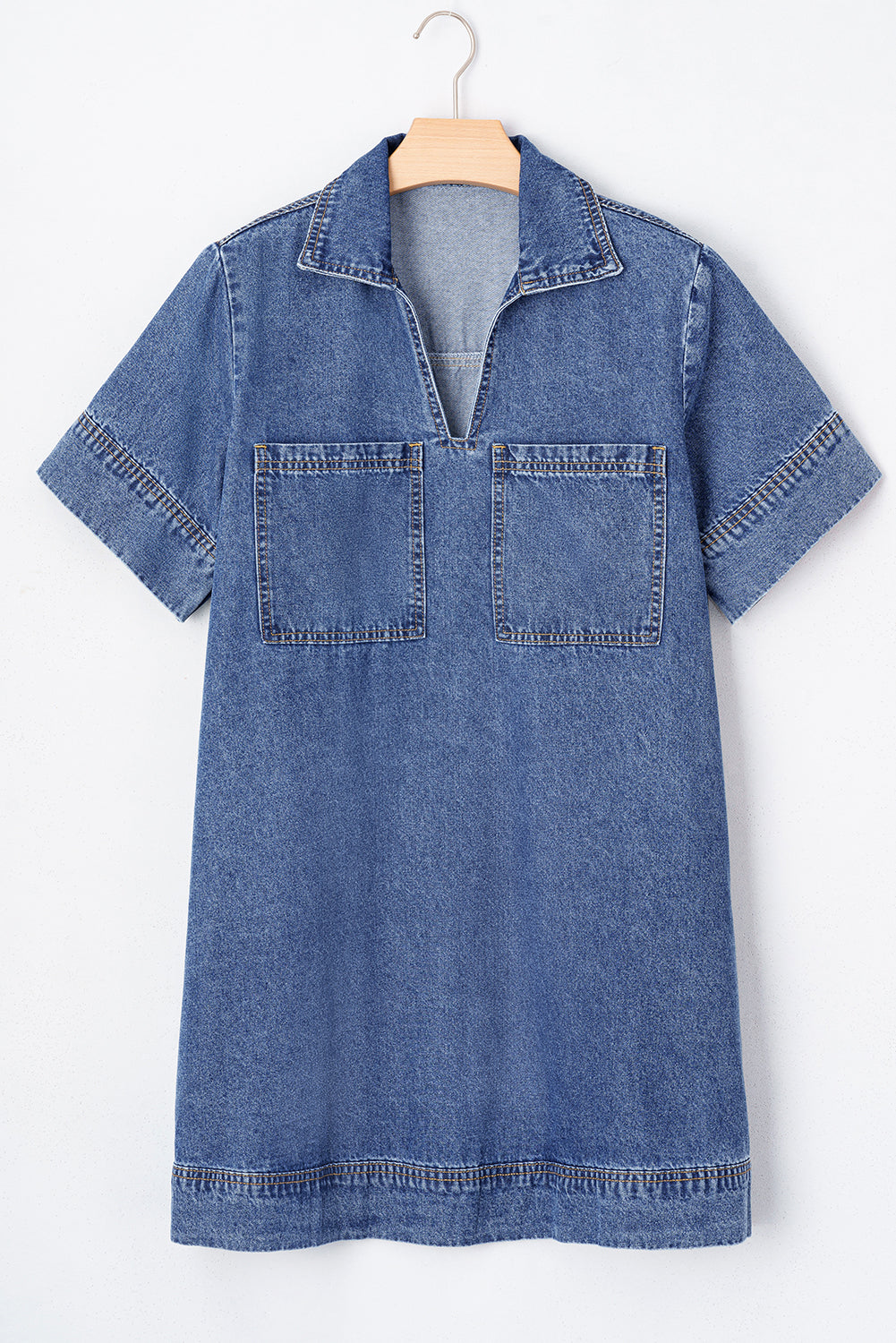 Turn-Down Collar Pocket Denim Shift Mini Dress for Casual Days