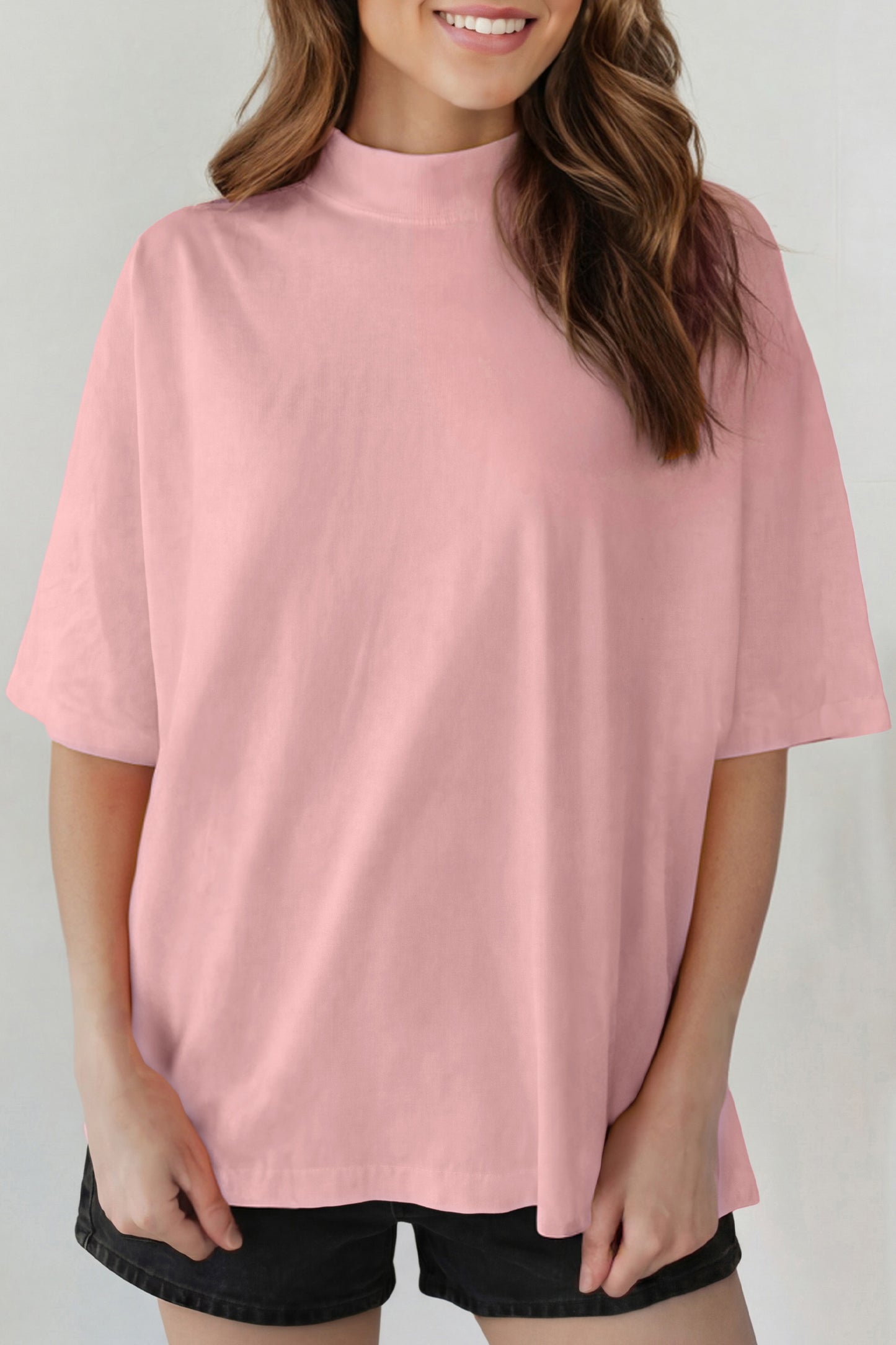 Solid Cotton Tee High Neck Oversized Casual Top