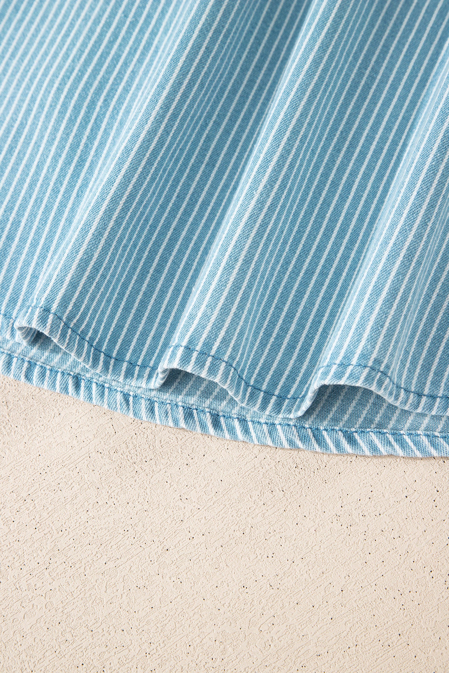 Sky Blue Stripe Cuffed Short Sleeve Button up Loose Shirt