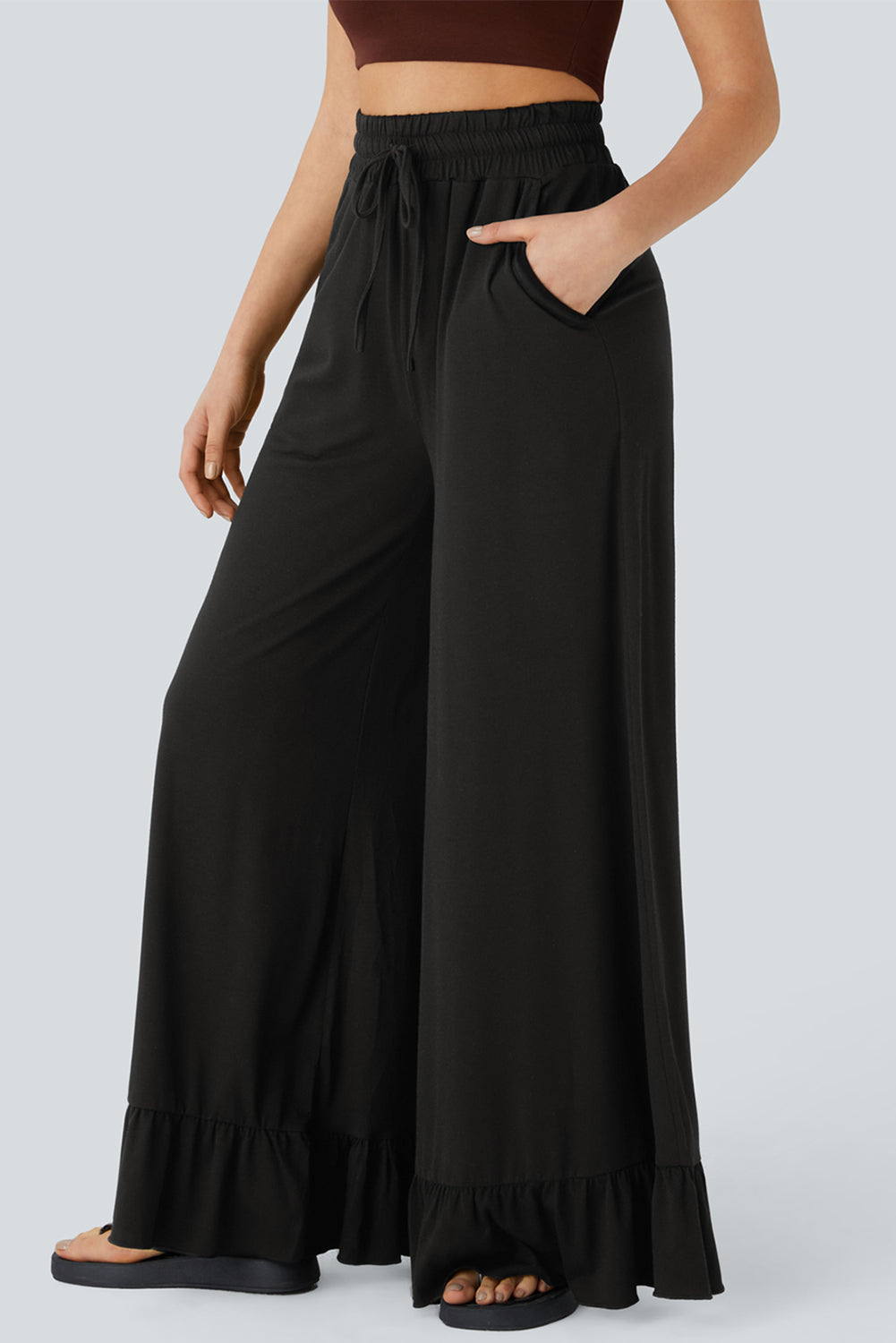 Wide Leg Pull On High Waist Pants with Pockets