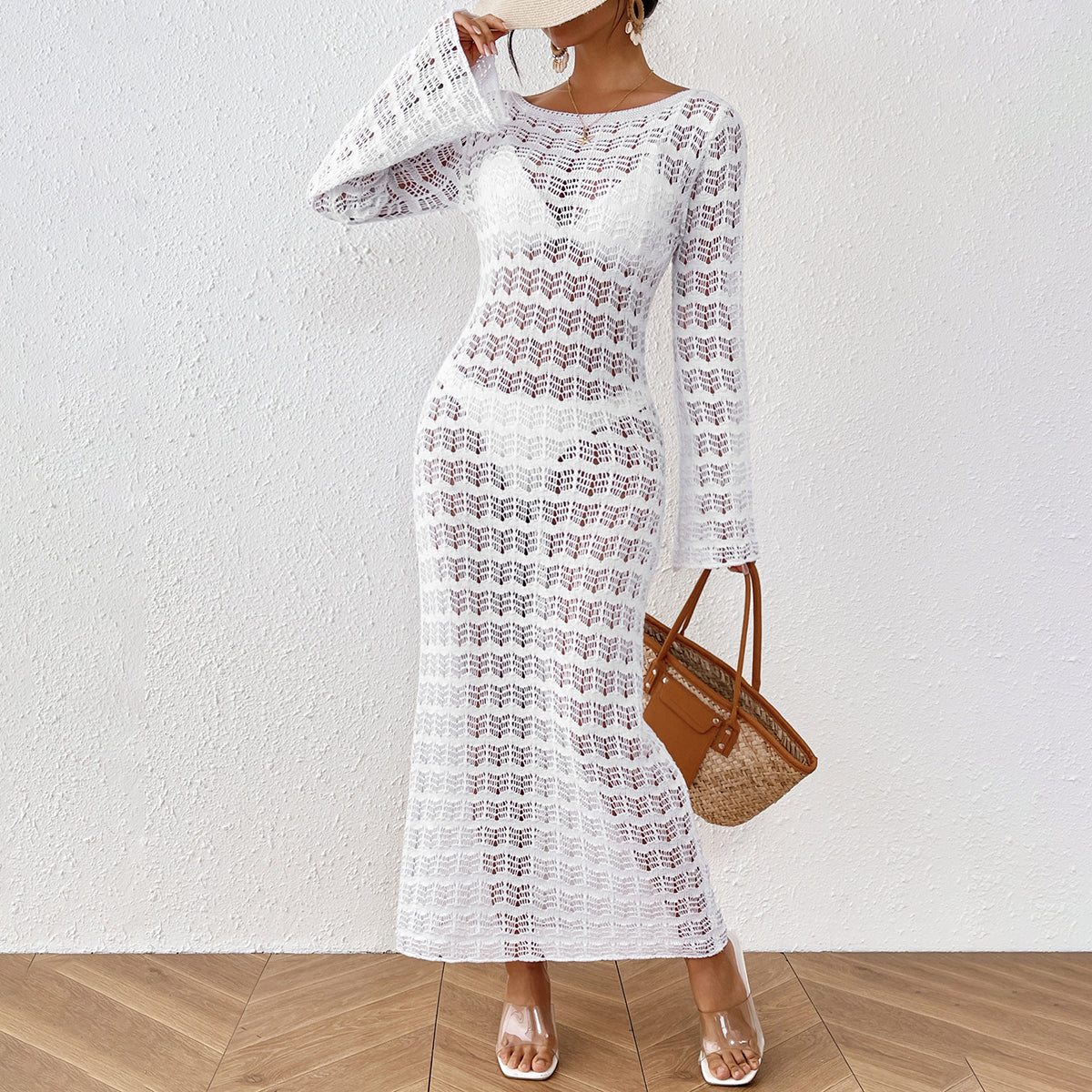 Women Crochet Hollow Out Beach Cover Up Maxi Dress