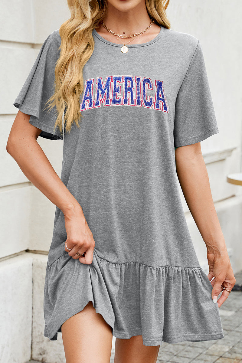 America Graphic Ruffle Hem Loose Fit Short Sleeve Dress
