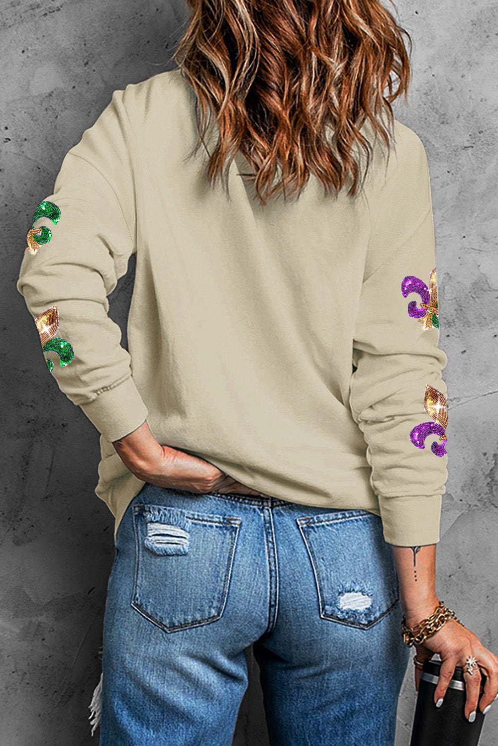 White Sequin Mardi Gras Graphic Pullover Sweatshirt