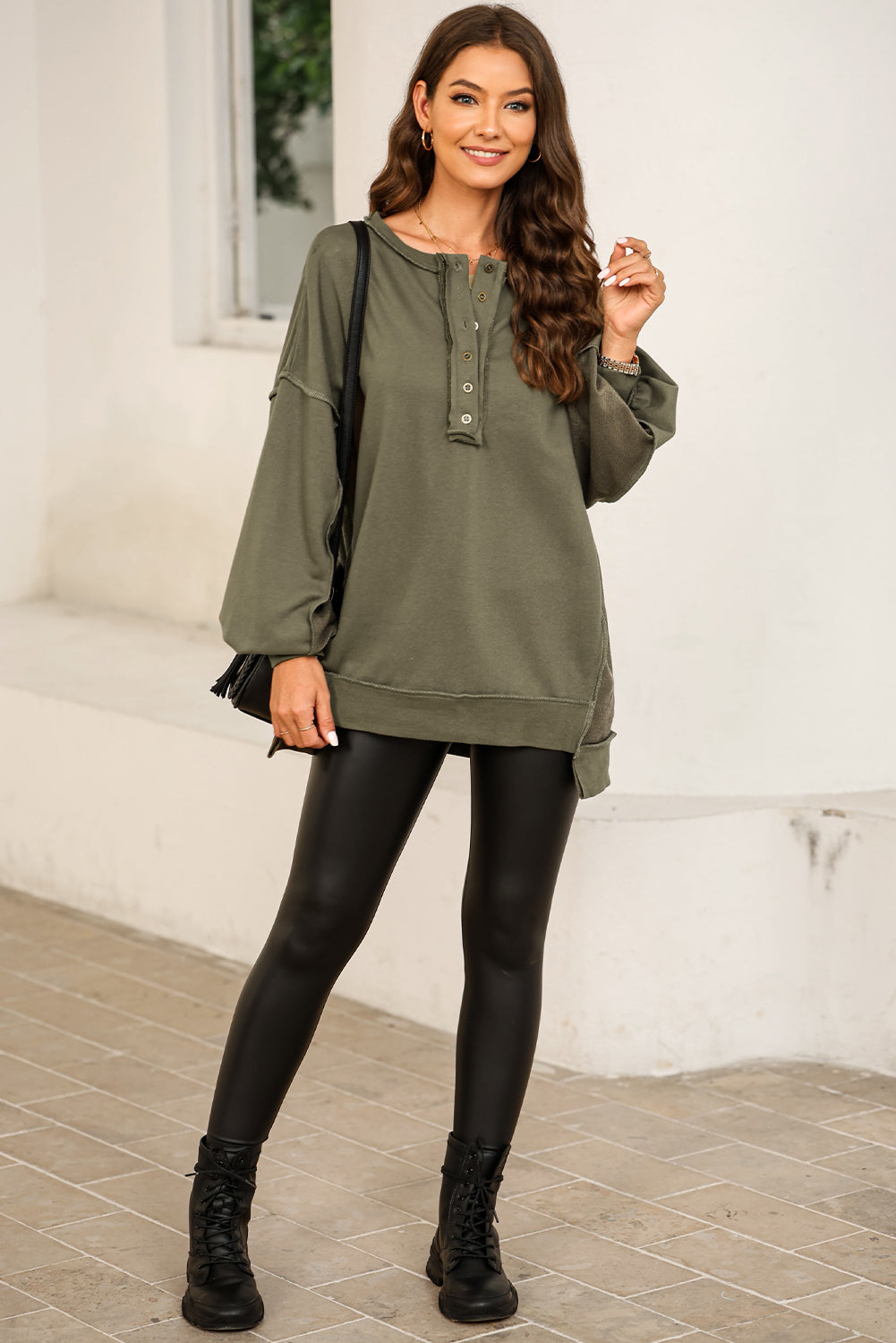 Oversized Exposed Seam Henley Casual Sweatshirt