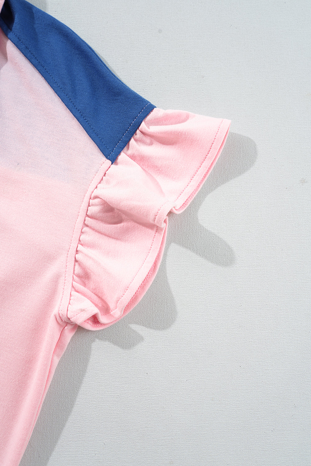 Gossamer Pink Color Block Half Buttoned Ruffled Short Sleeve T Shirt