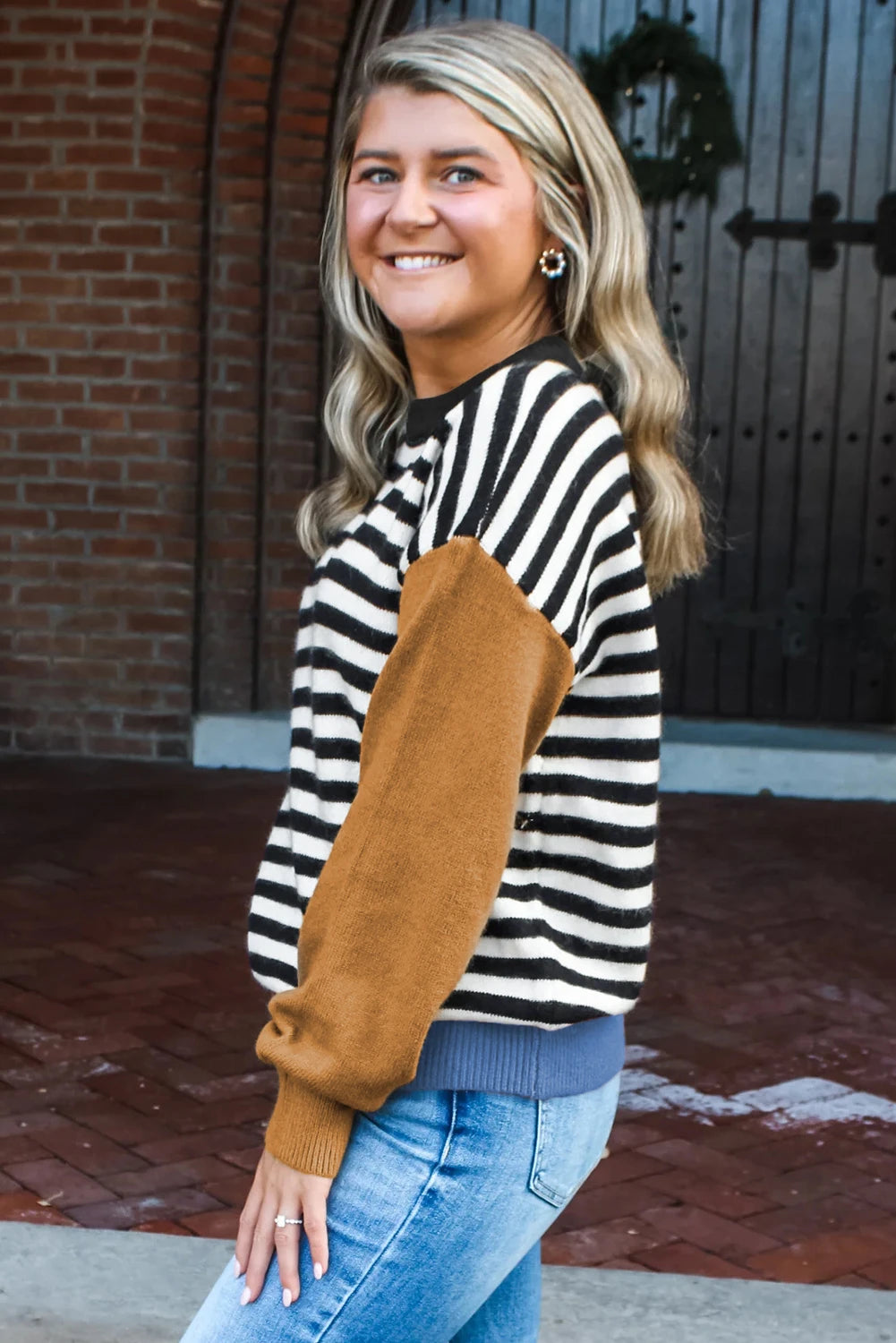 Striped Panels Colorblock Sleeve Chic Sweater