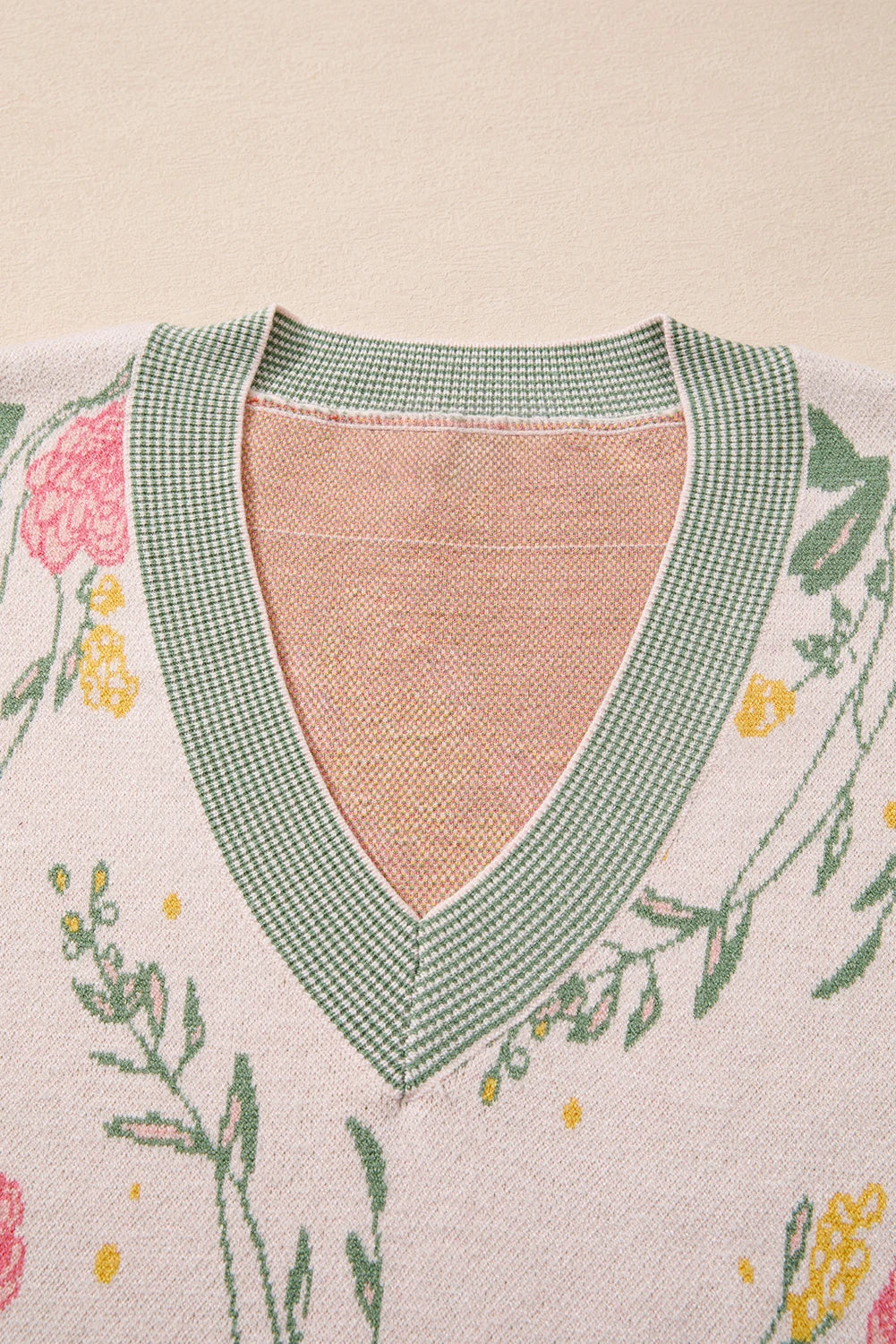 Pink Floral Pattern Striped V Neck Loose Sweater
