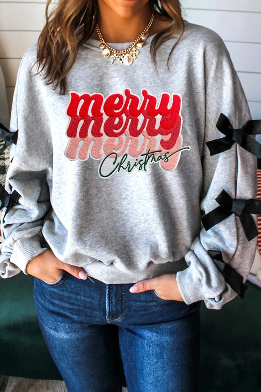 Merry Christmas Letter Graphic Ribbon Bow Split Sleeve Baggy Sweatshirt
