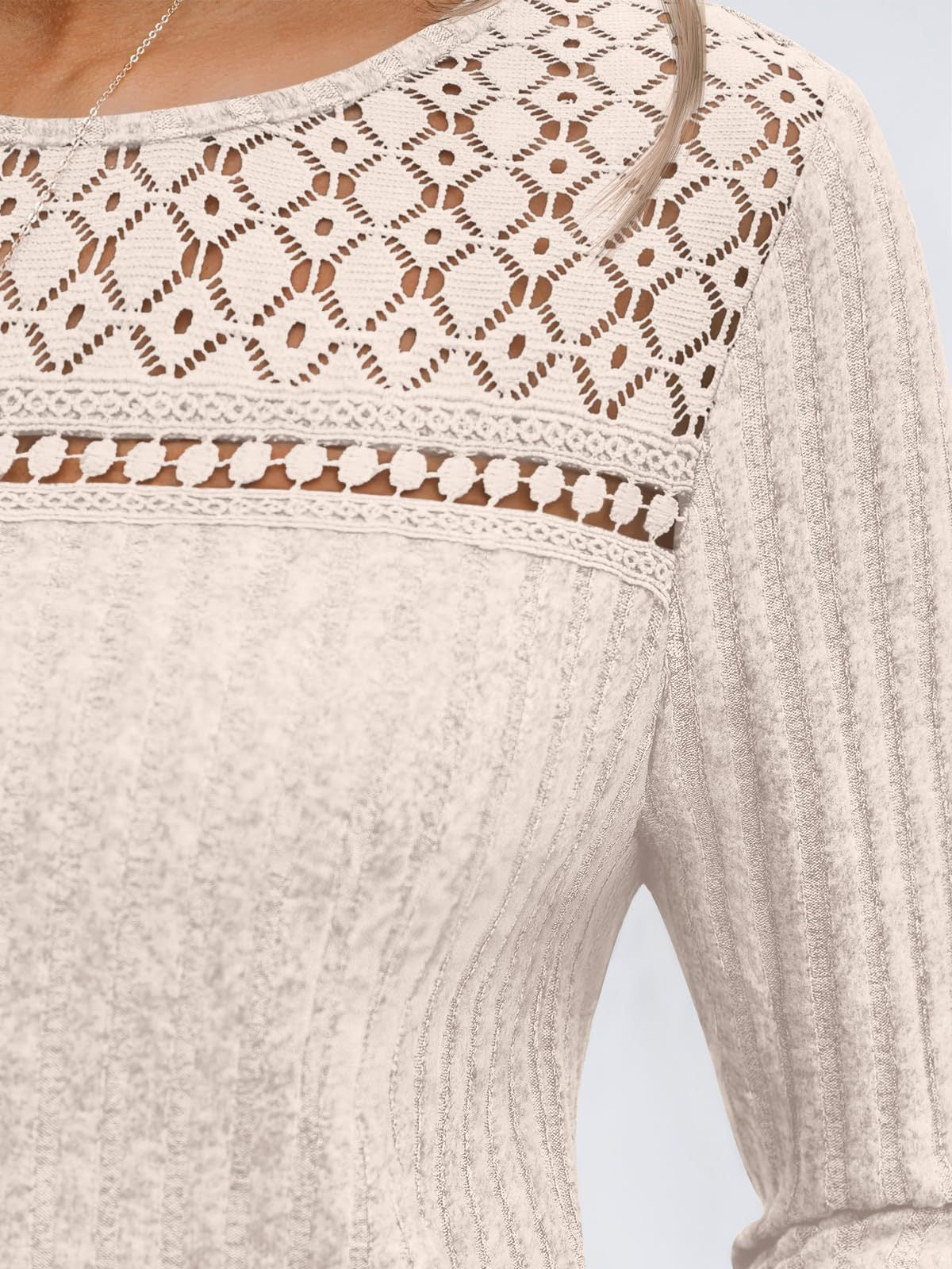 Solid Ribbed Top Casual Lace Long Sleeve Boutique