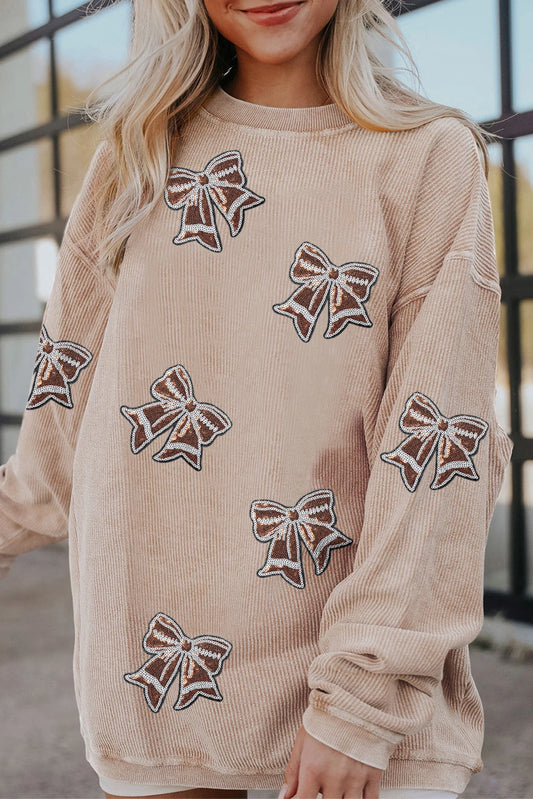 Apricot Oversize Sequin Bow Patched Corded Sweatshirt