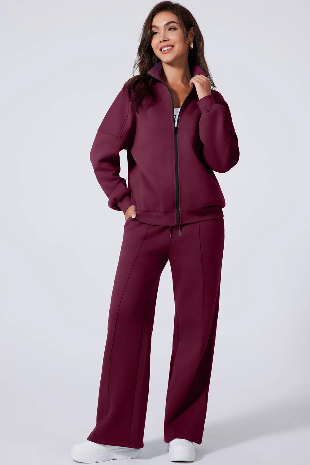 Black Drop Shoulder Zip Up Jacket Drawstring Pants Active 2pcs Set