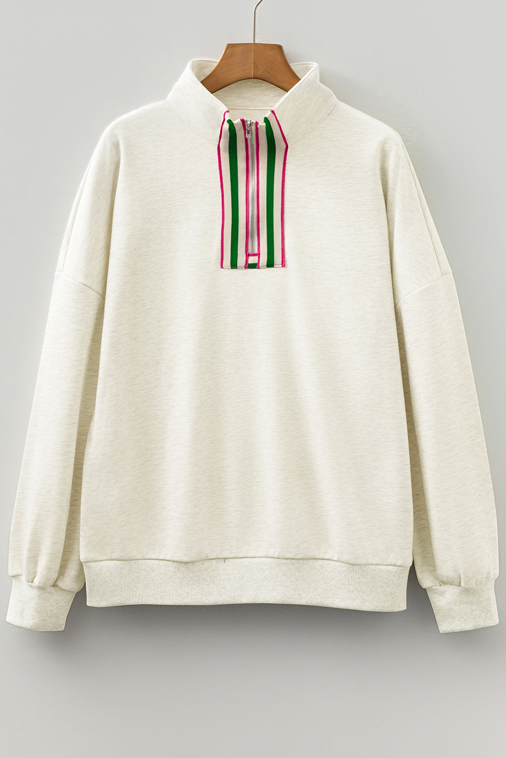 Sachet Pink Contrast Striped Patchwork Zip Collar Pullover Sweatshirt