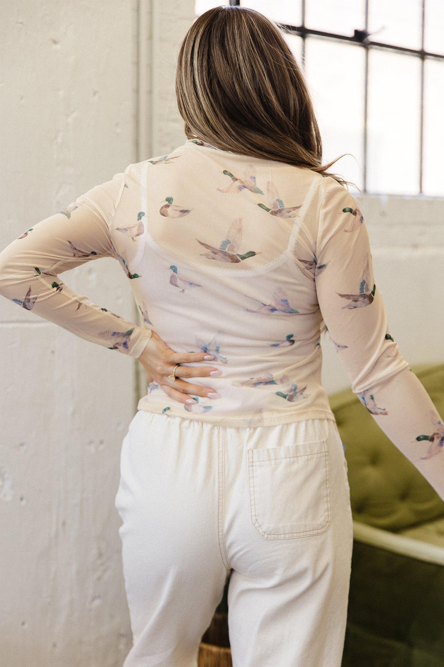 Western Duck Print Mesh Top Western High Neck Fitted