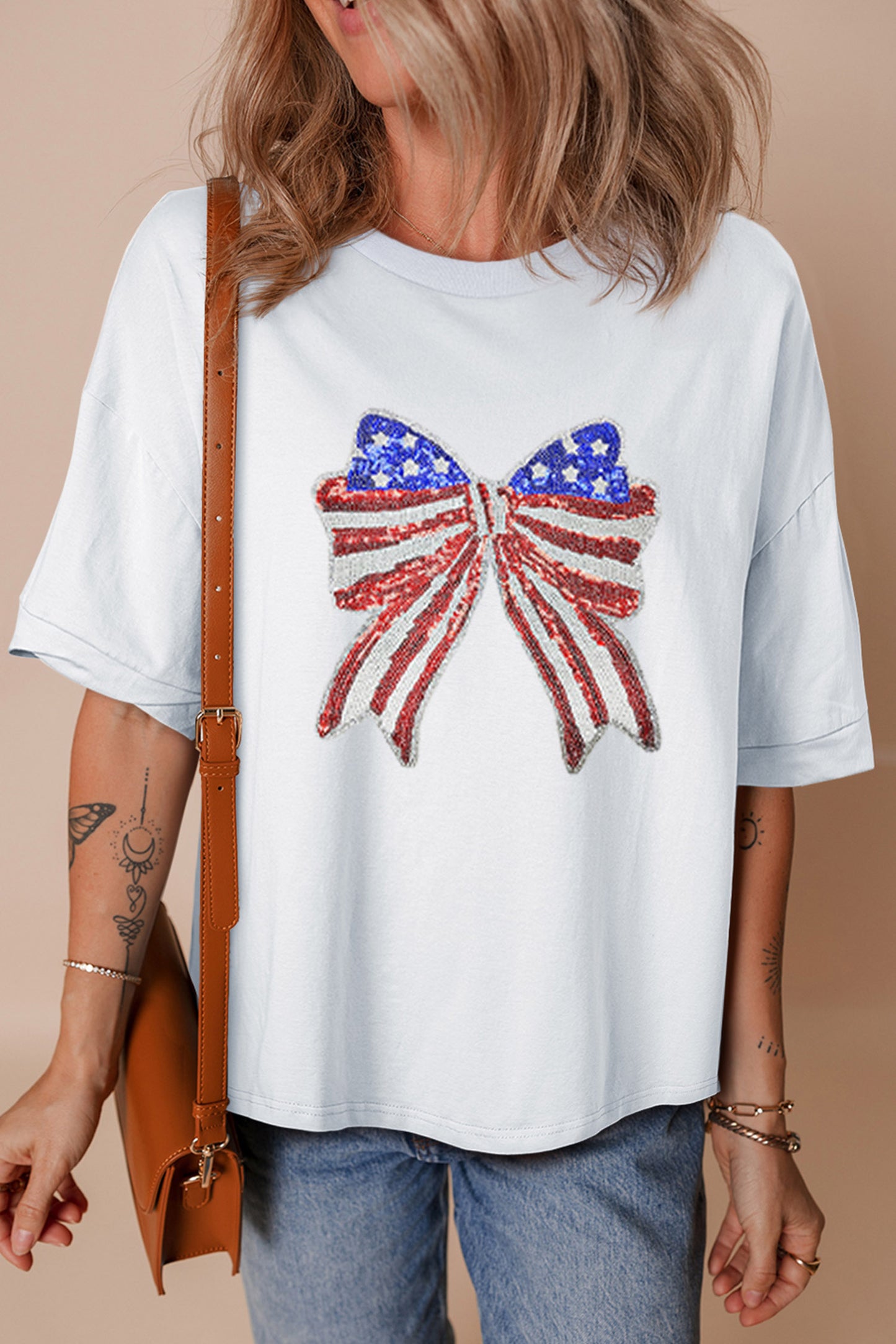 Sequin Cotton Graphic Tee Patriotic Bow Boutique Top