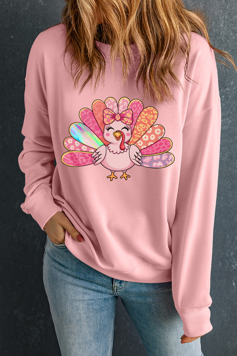 Pink Cute Thanksgiving Turkey Printed Drop Shoulder Sweatshirt